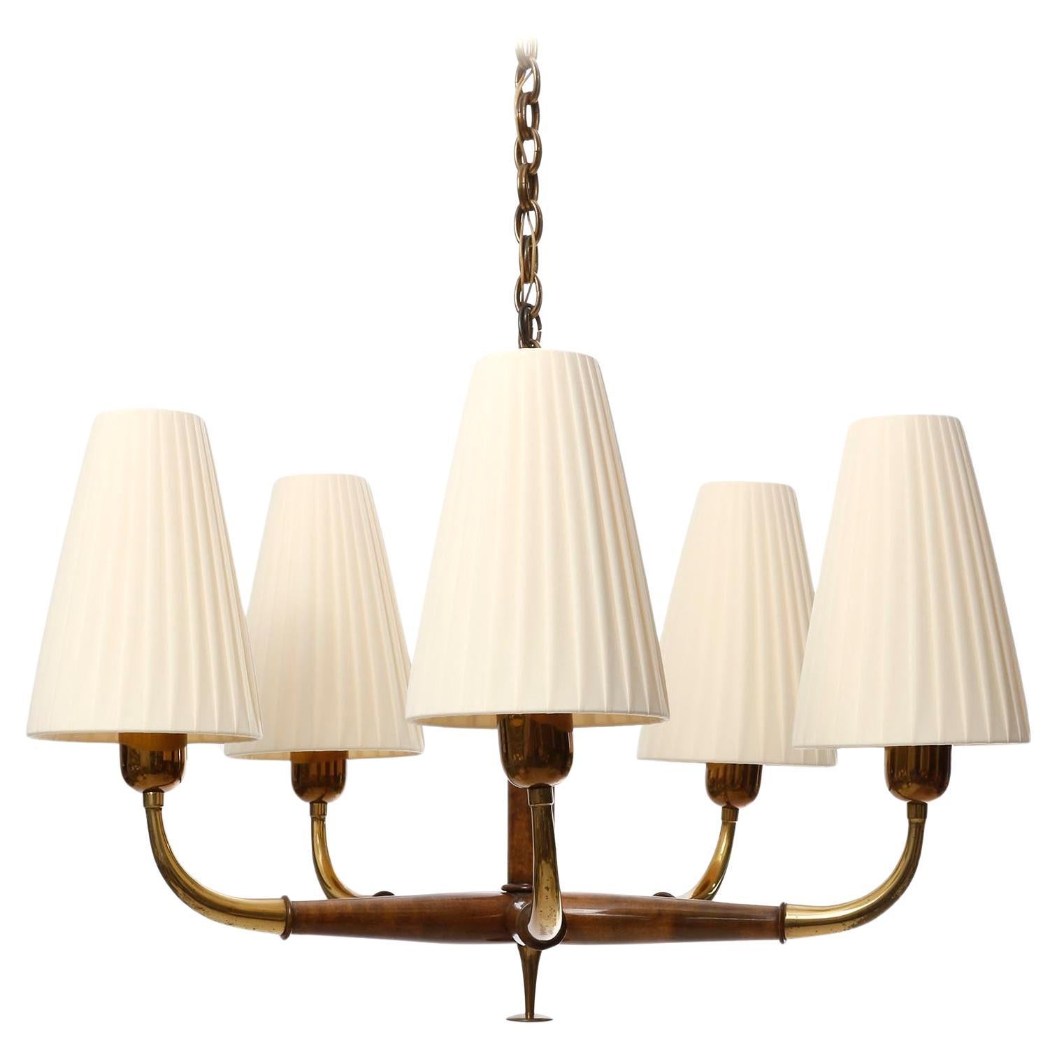 Austrian Art Deco Pendant Light Chandelier, Josef Frank, Brass Wood Cream Shades, 1930s