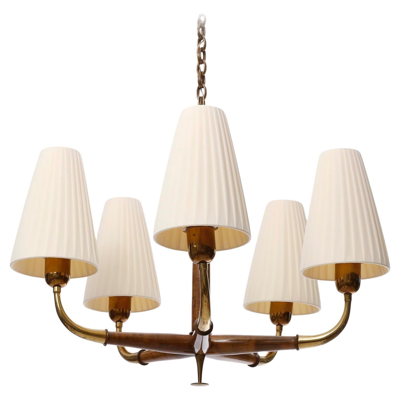 Polished Art Deco Pendant Light Chandelier, Josef Frank, Brass Wood Cream Shades, 1930s