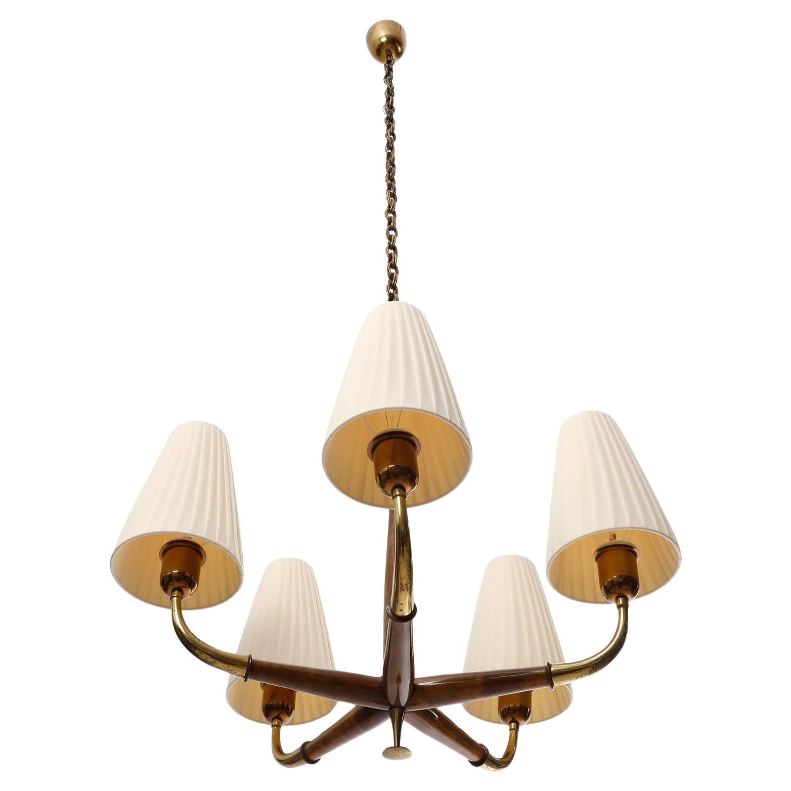 Mid-20th Century Art Deco Pendant Light Chandelier, Josef Frank, Brass Wood Cream Shades, 1930s