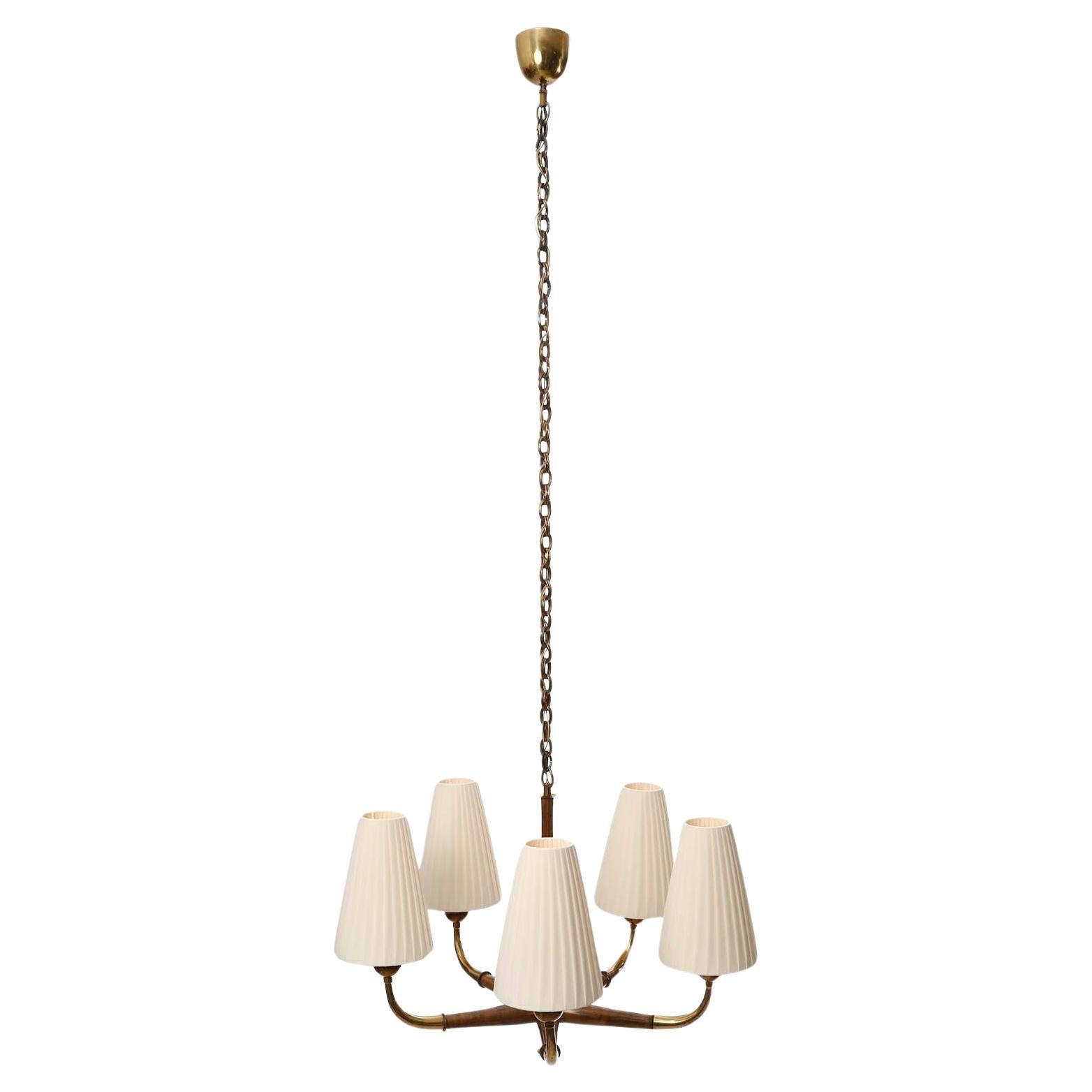 Art Deco Pendant Light Chandelier, Josef Frank, Brass Wood Cream Shades, 1930s 1