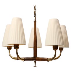 Art Deco Pendant Light Chandelier, Josef Frank, Brass Wood Cream Shades, 1930s