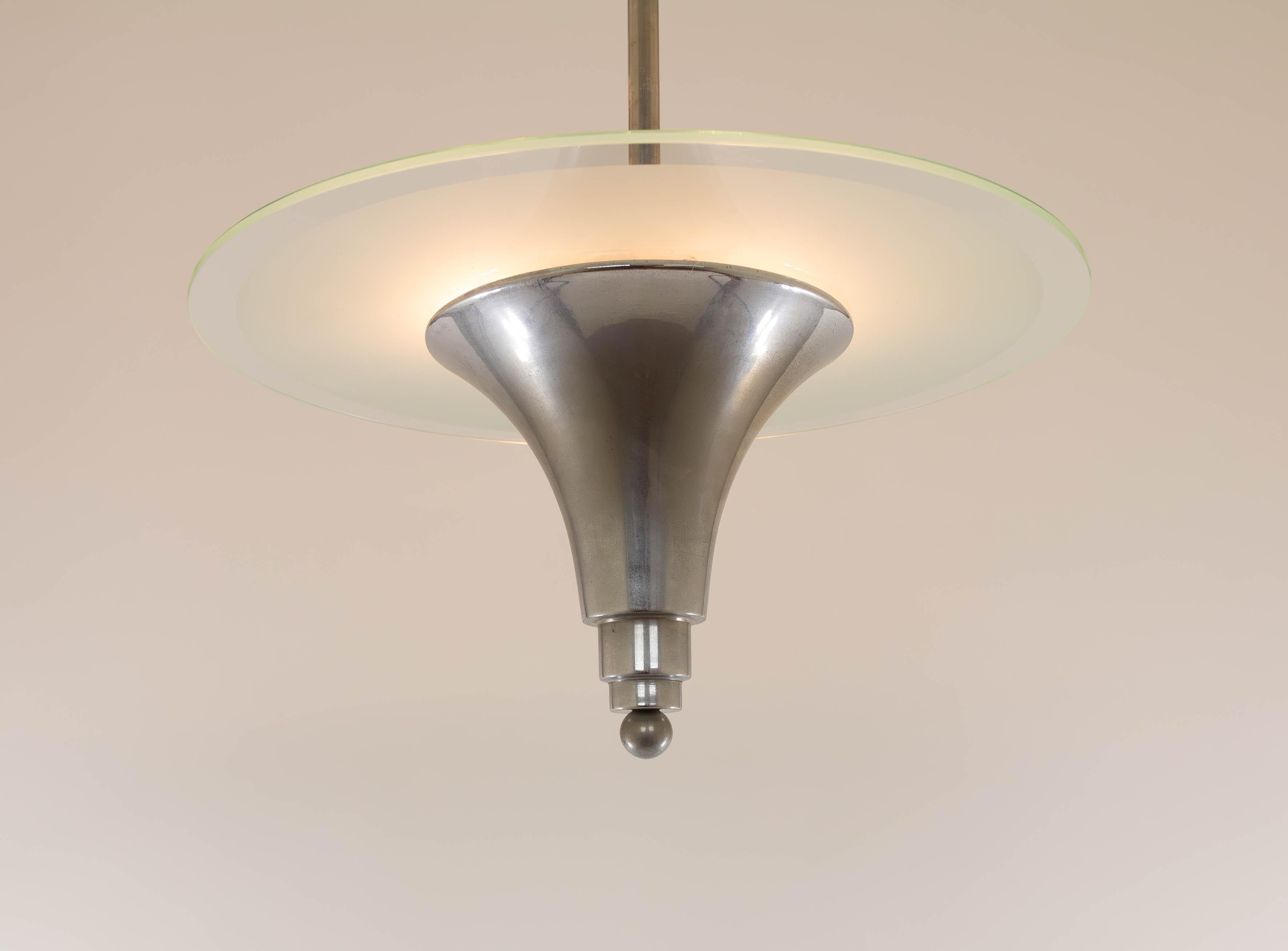 Nickel Art Deco pendant light designed and manufactured in France, 1930s For Sale