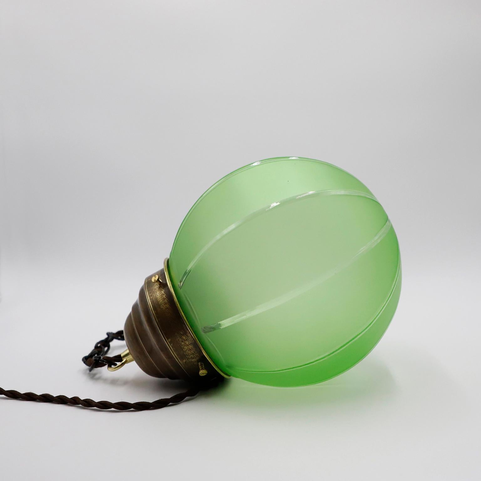 Mexican Art Deco Pendant Light in Rare Green Opal Glass and Brass. For Sale