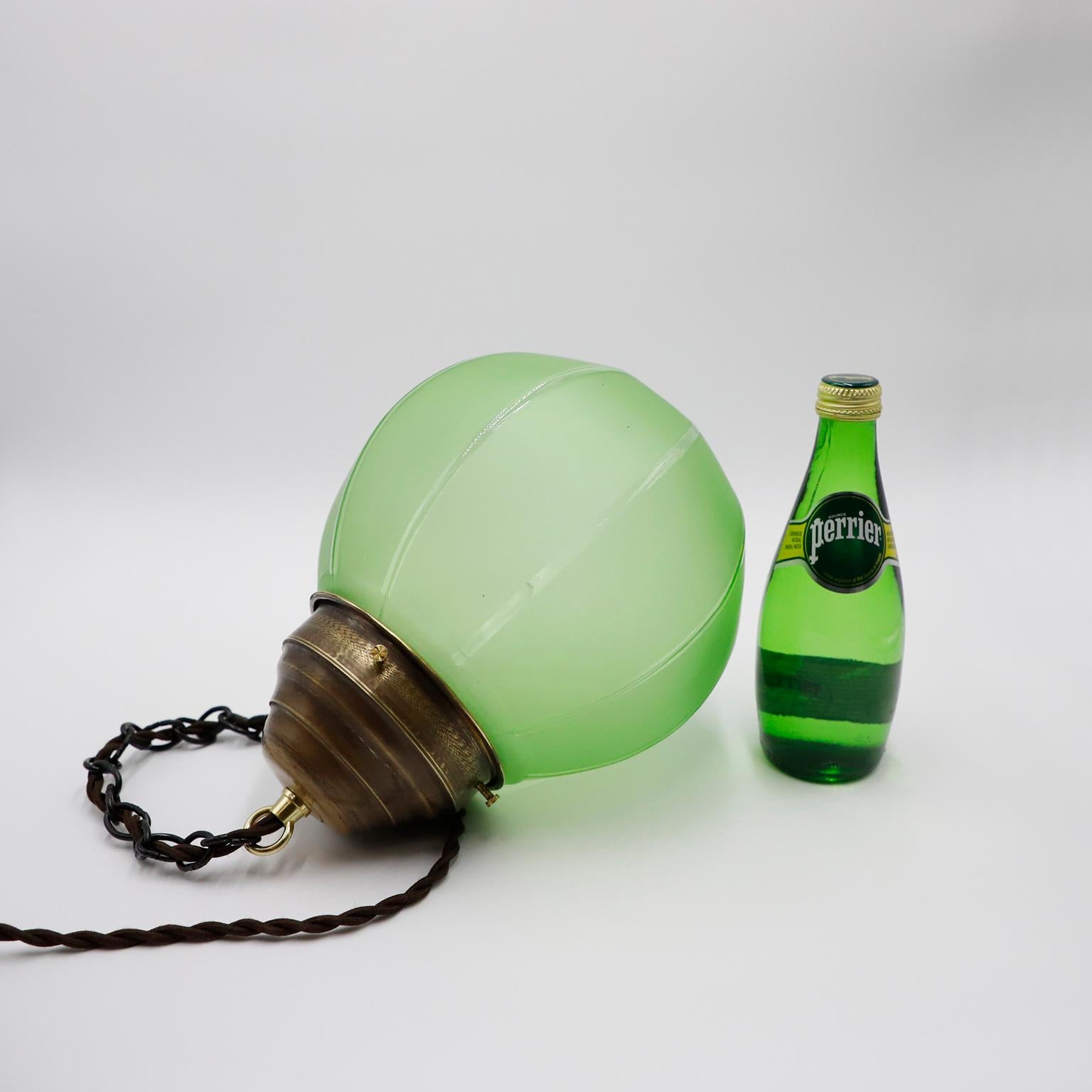 Mid-20th Century Art Deco Pendant Light in Rare Green Opal Glass and Brass. For Sale