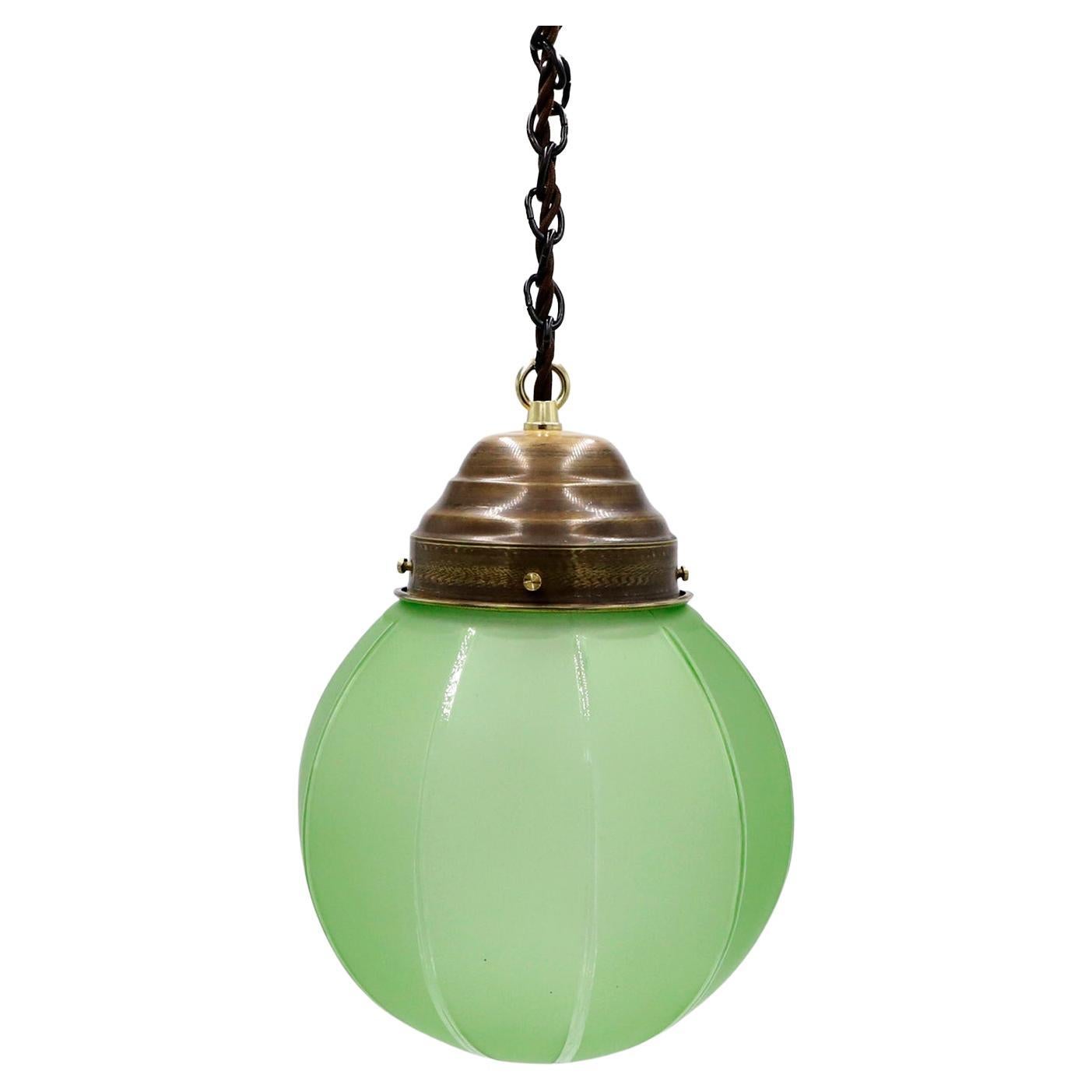 Art Deco Pendant Light in Rare Green Opal Glass and Brass.