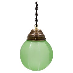 Art Deco Pendant Light in Rare Green Opal Glass and Brass.