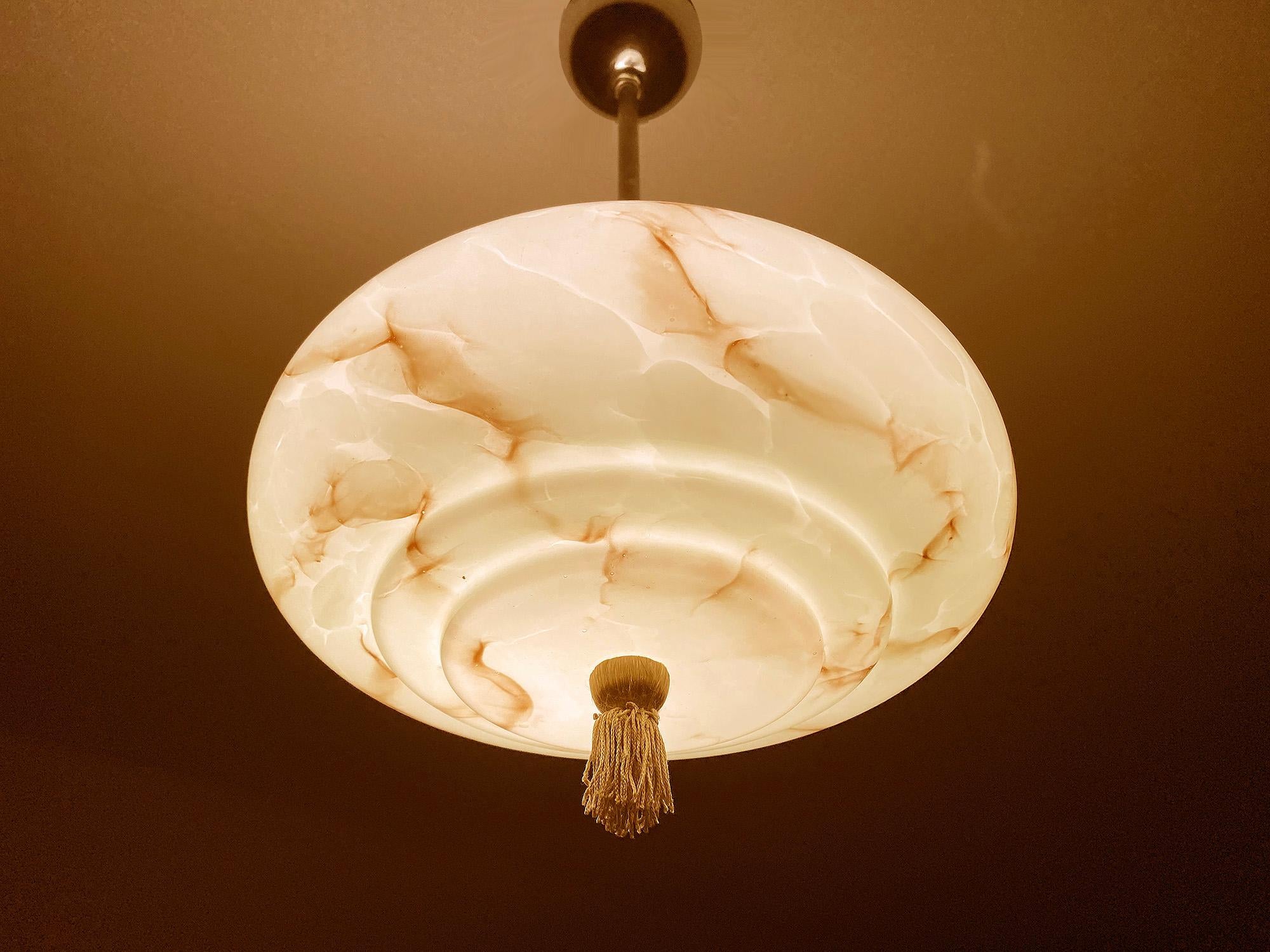 Art Deco Pendant Light, Green Marble Glass, Alabaster Style, 1930s For Sale 2