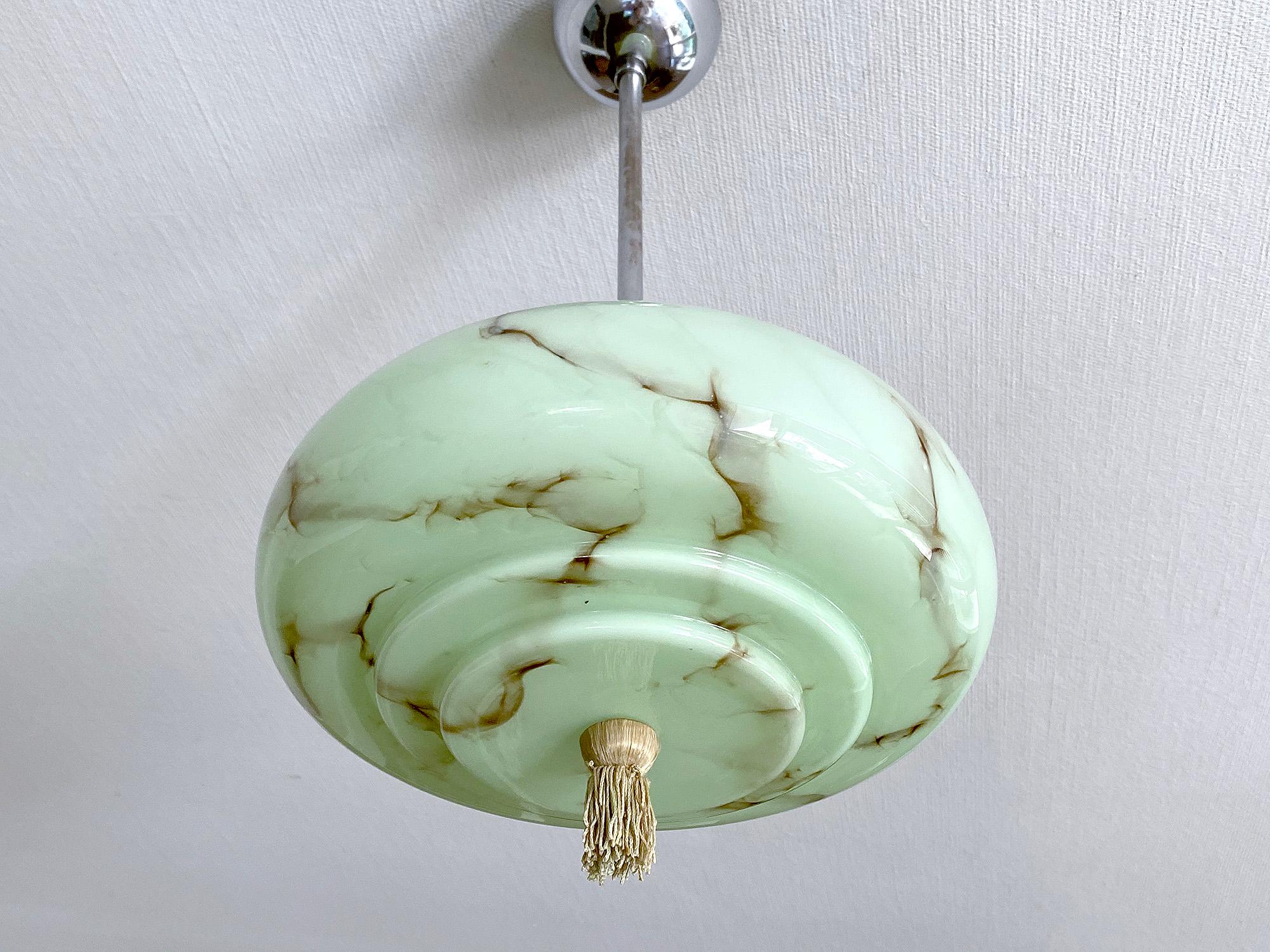 Art Deco Pendant Light, Green Marble Glass, Alabaster Style, 1930s For Sale 3