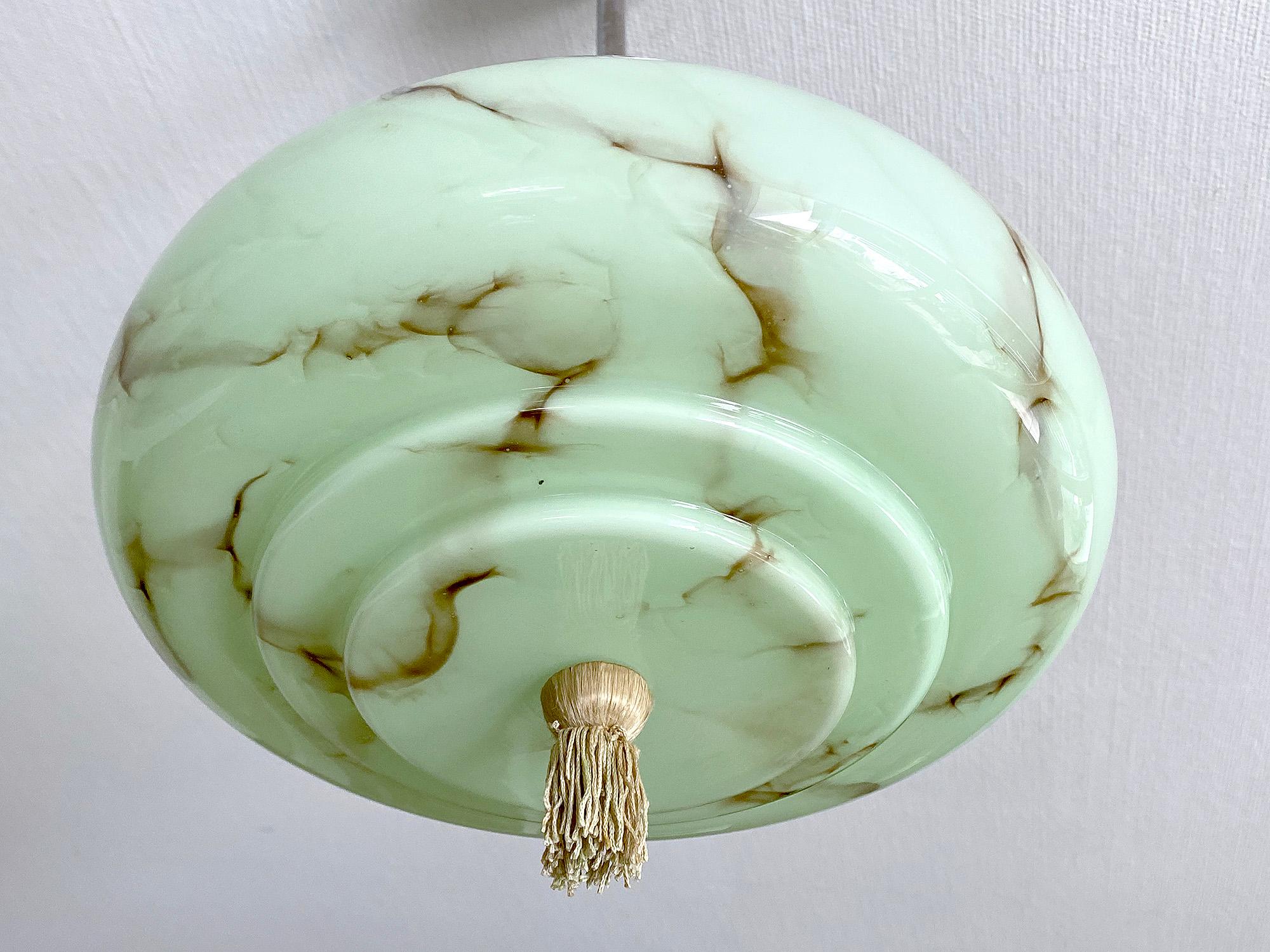 Art Deco Pendant Light, Green Marble Glass, Alabaster Style, 1930s For Sale 5