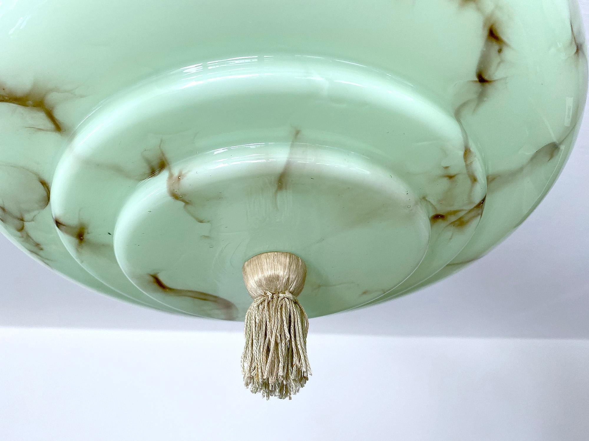 Art Deco Pendant Light, Green Marble Glass, Alabaster Style, 1930s For Sale 6