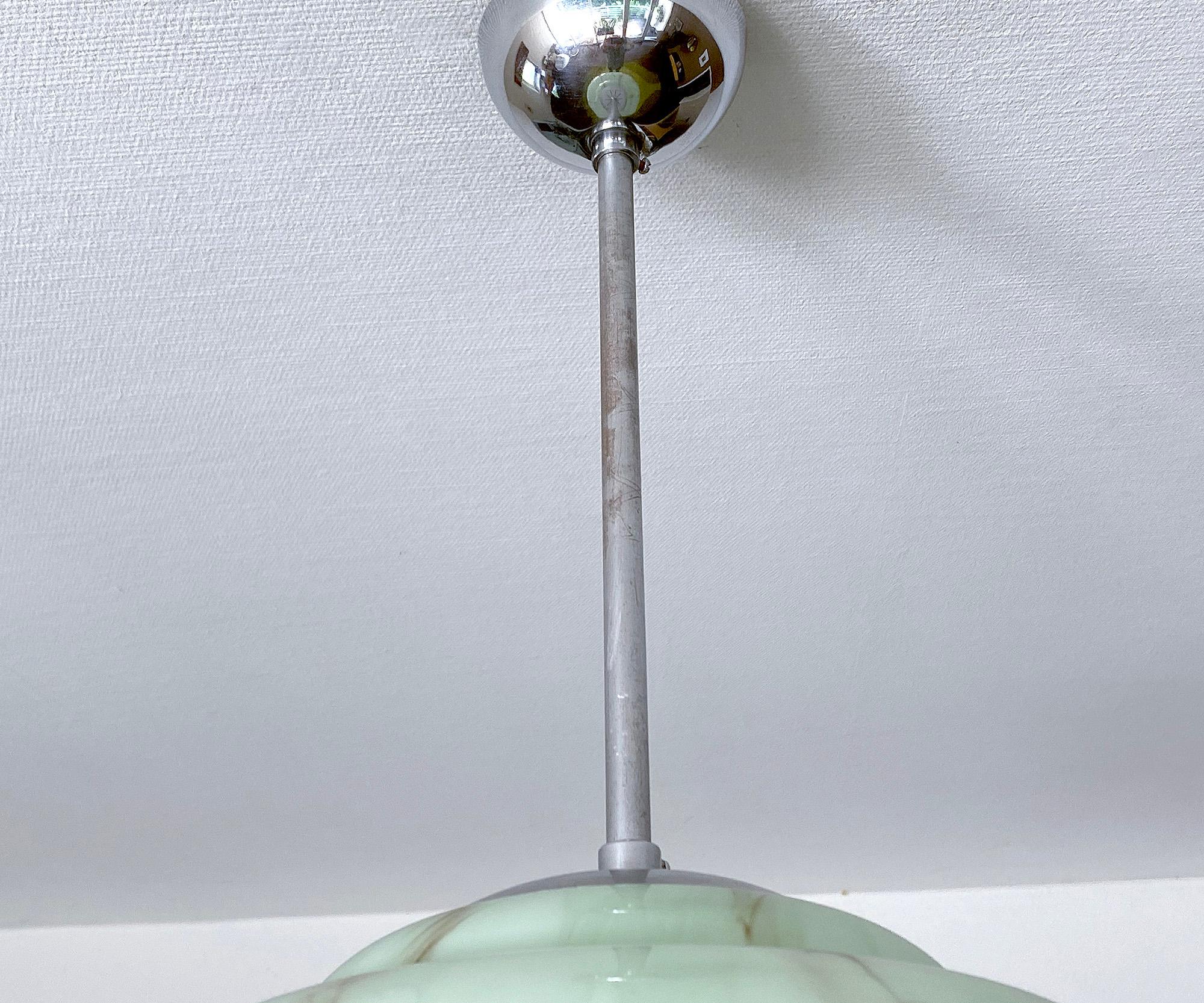 Art Deco Pendant Light, Green Marble Glass, Alabaster Style, 1930s For Sale 7