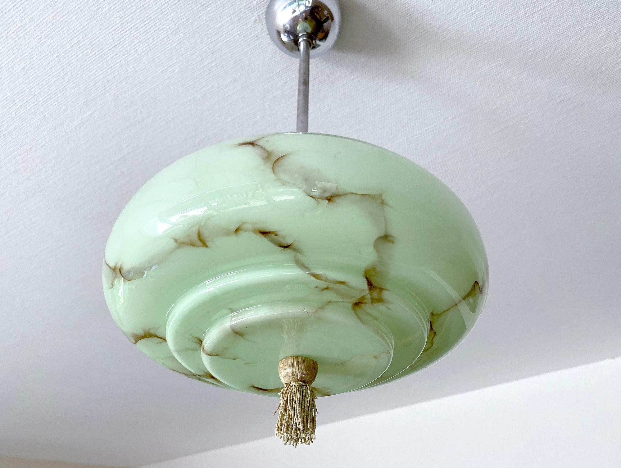 European Art Deco Pendant Light, Green Marble Glass, Alabaster Style, 1930s For Sale