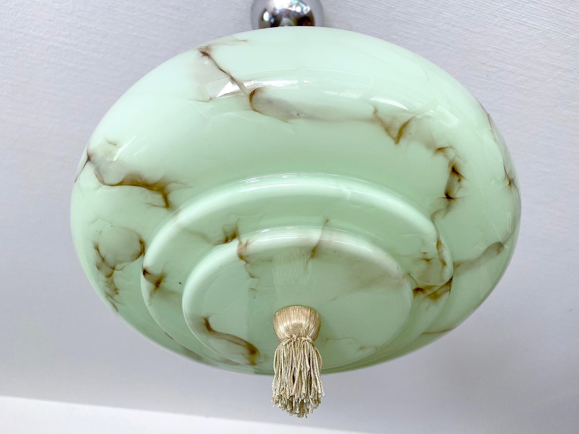 Mid-20th Century Art Deco Pendant Light, Green Marble Glass, Alabaster Style, 1930s For Sale