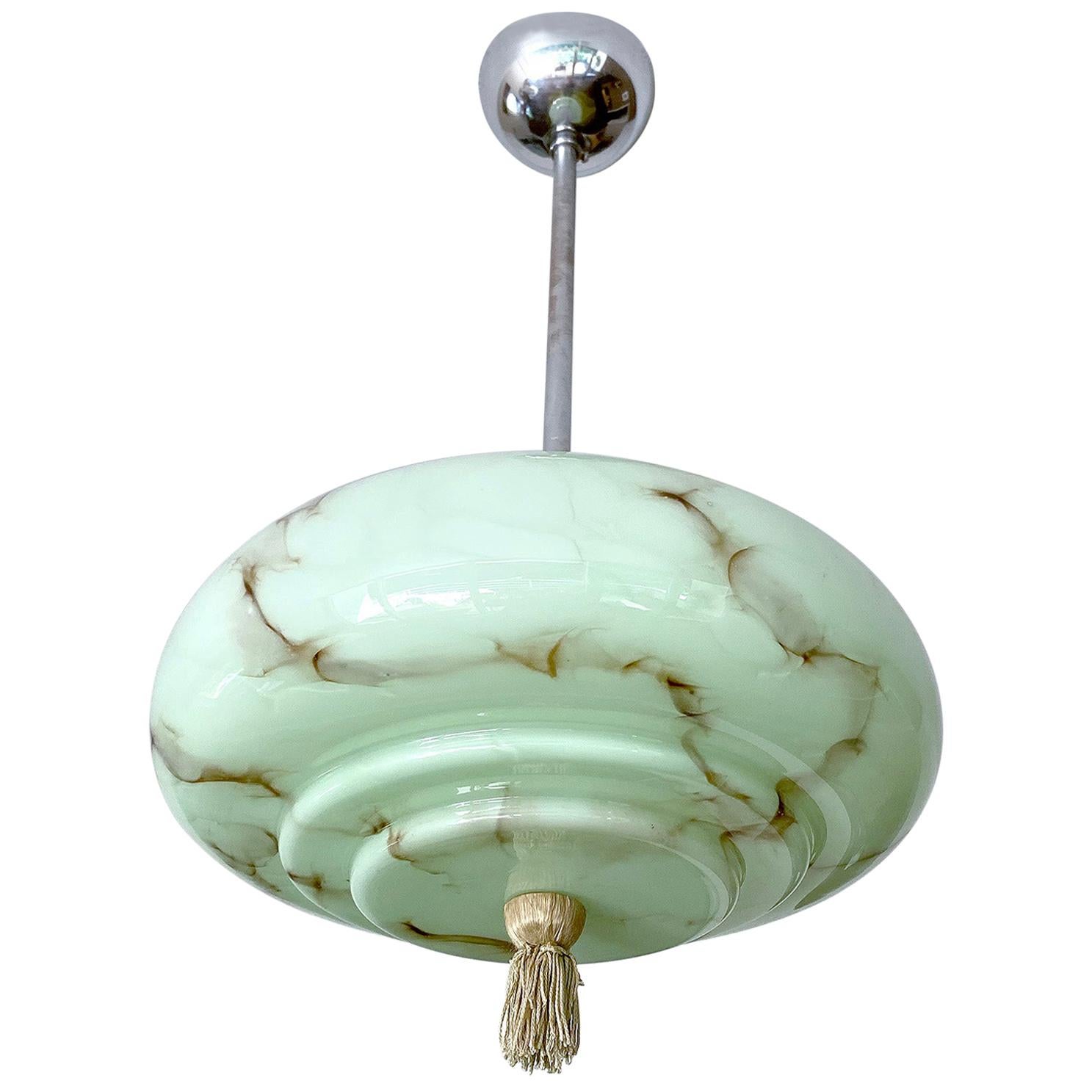Art Deco Pendant Light, Green Marble Glass, Alabaster Style, 1930s For Sale