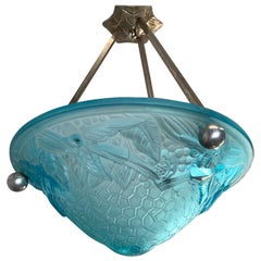 Art Deco Pendant Light w. Blue Pressed Glass Birds Flying in the Sky Sculptures
