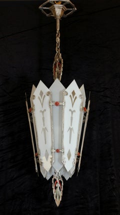 Art Deco Pendant Light w Etched Glass from Brooklyn NY
