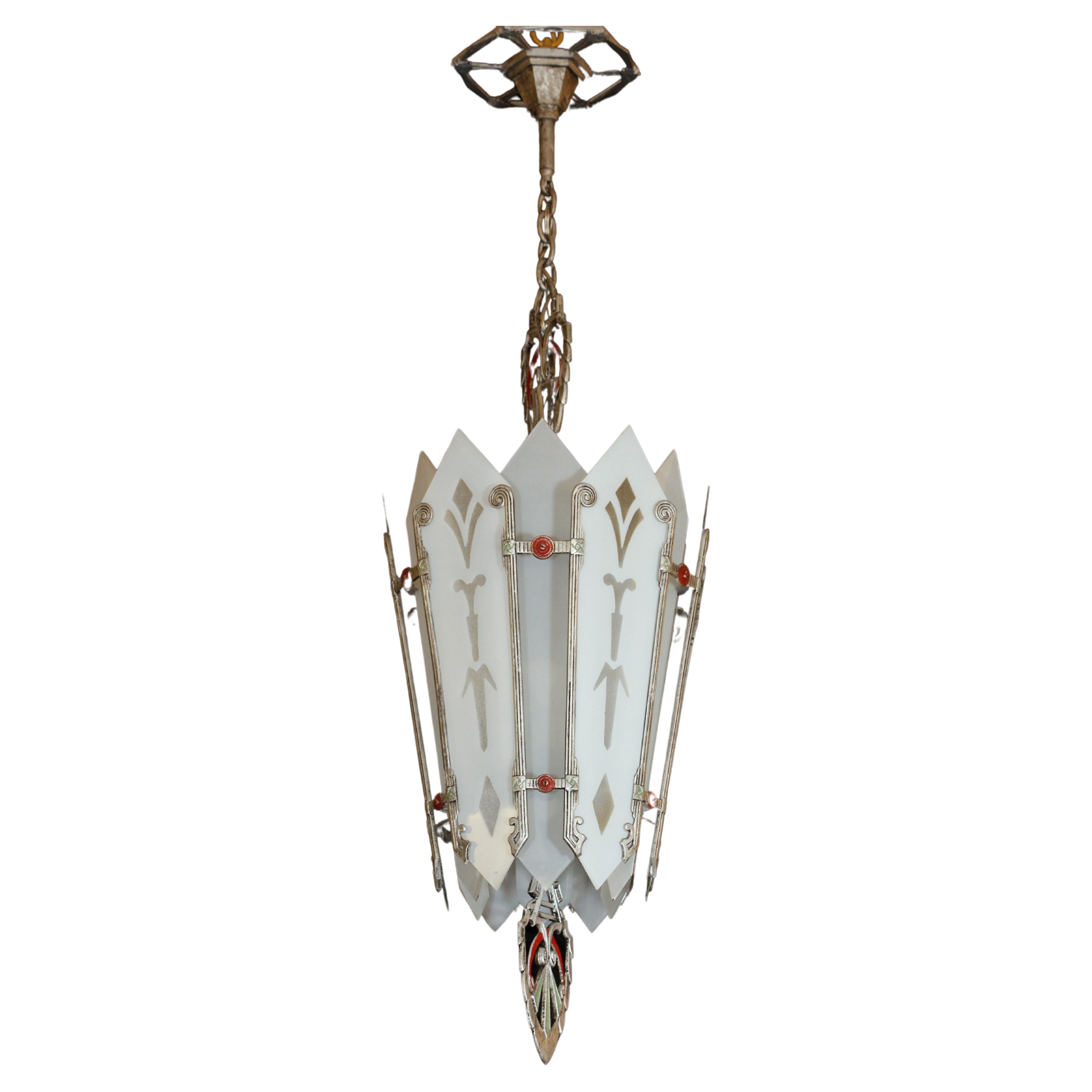 Lampada a sospensione Art Deco con vetro acidato da Brooklyn NY