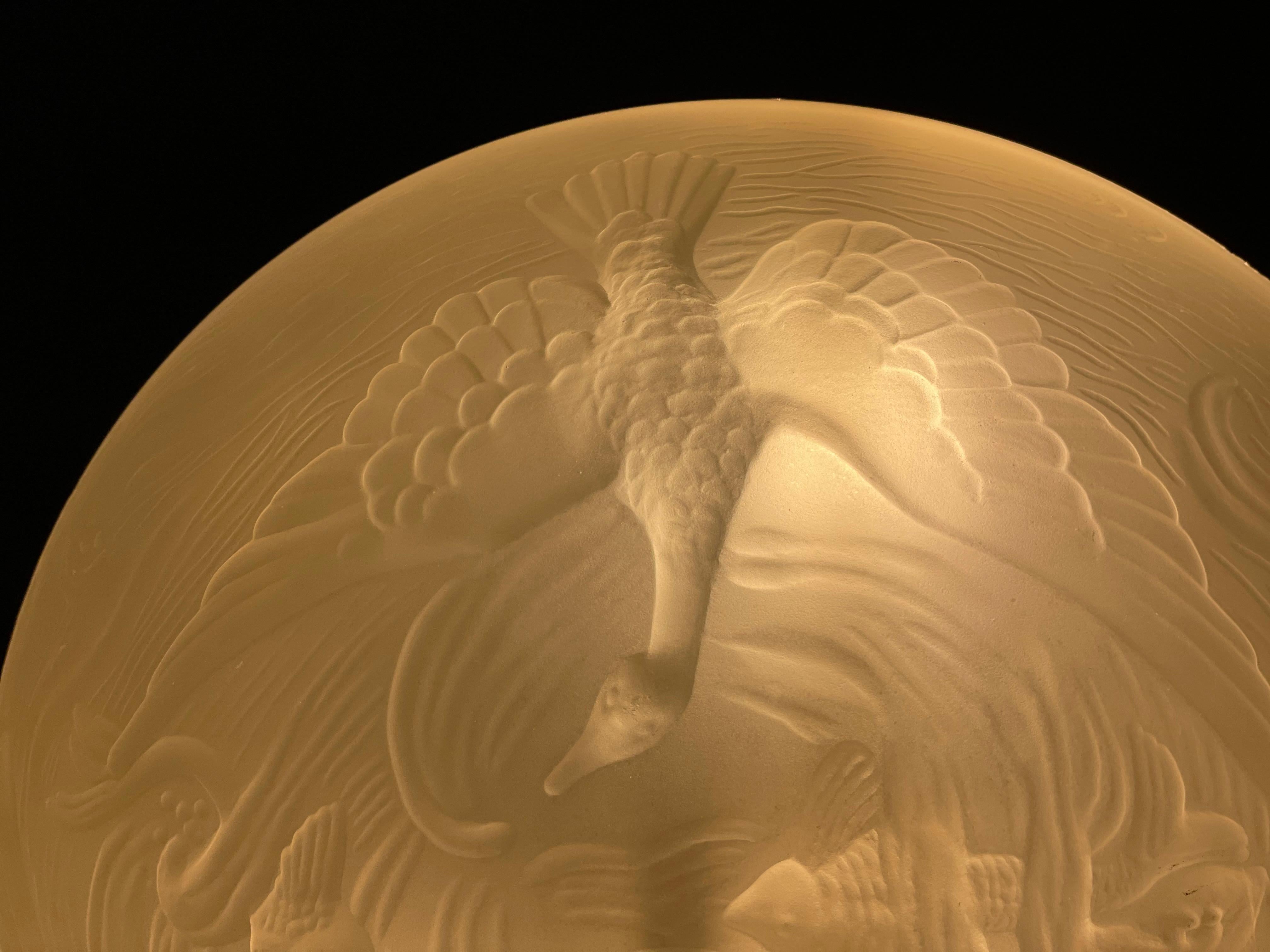 Art Deco Pendant Light w Pressed Glass Flying Ducks & Swimming Carp Sculptures For Sale 11