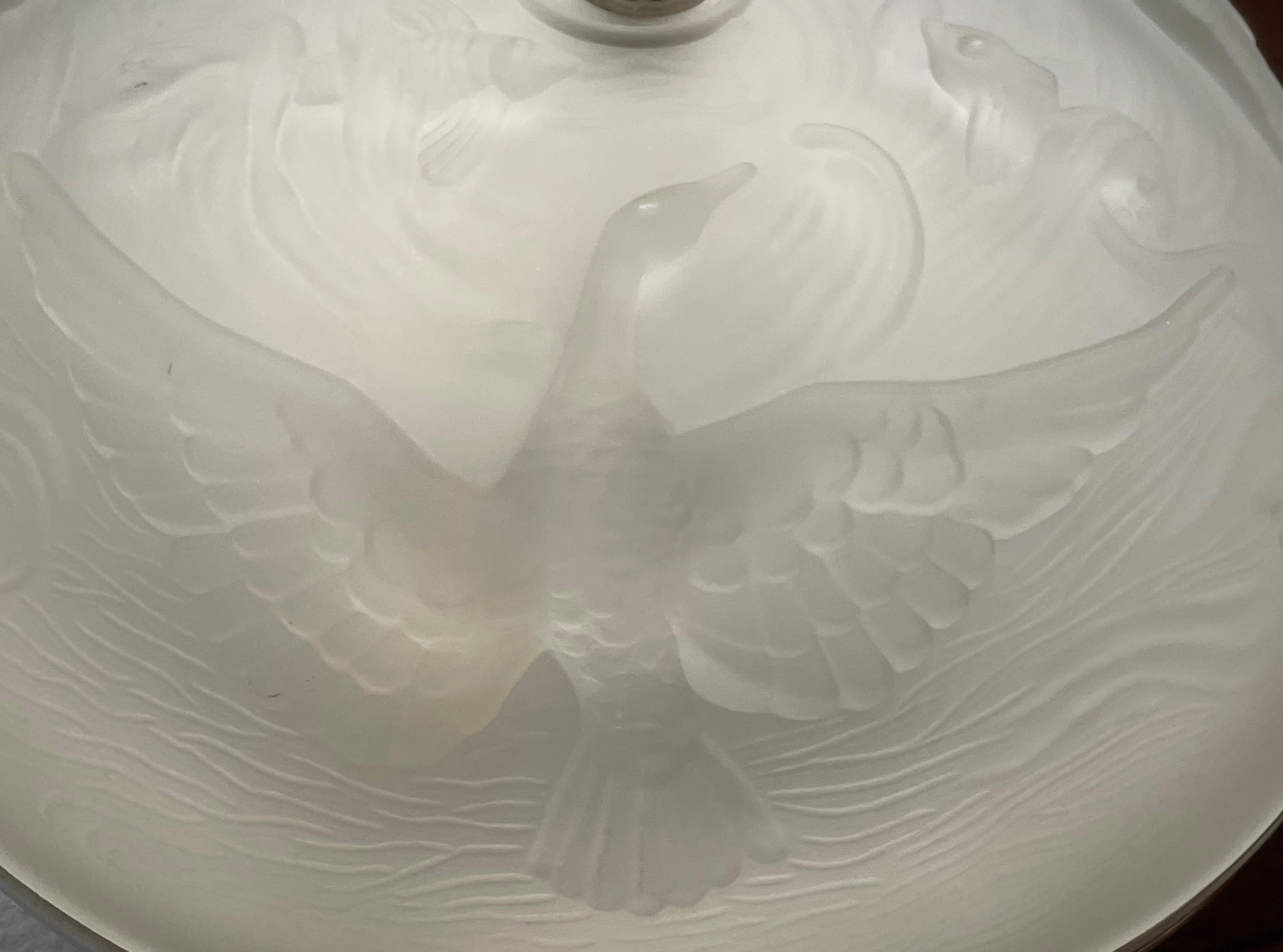 Art Deco Pendant Light w Pressed Glass Flying Ducks & Swimming Carp Sculptures For Sale 3