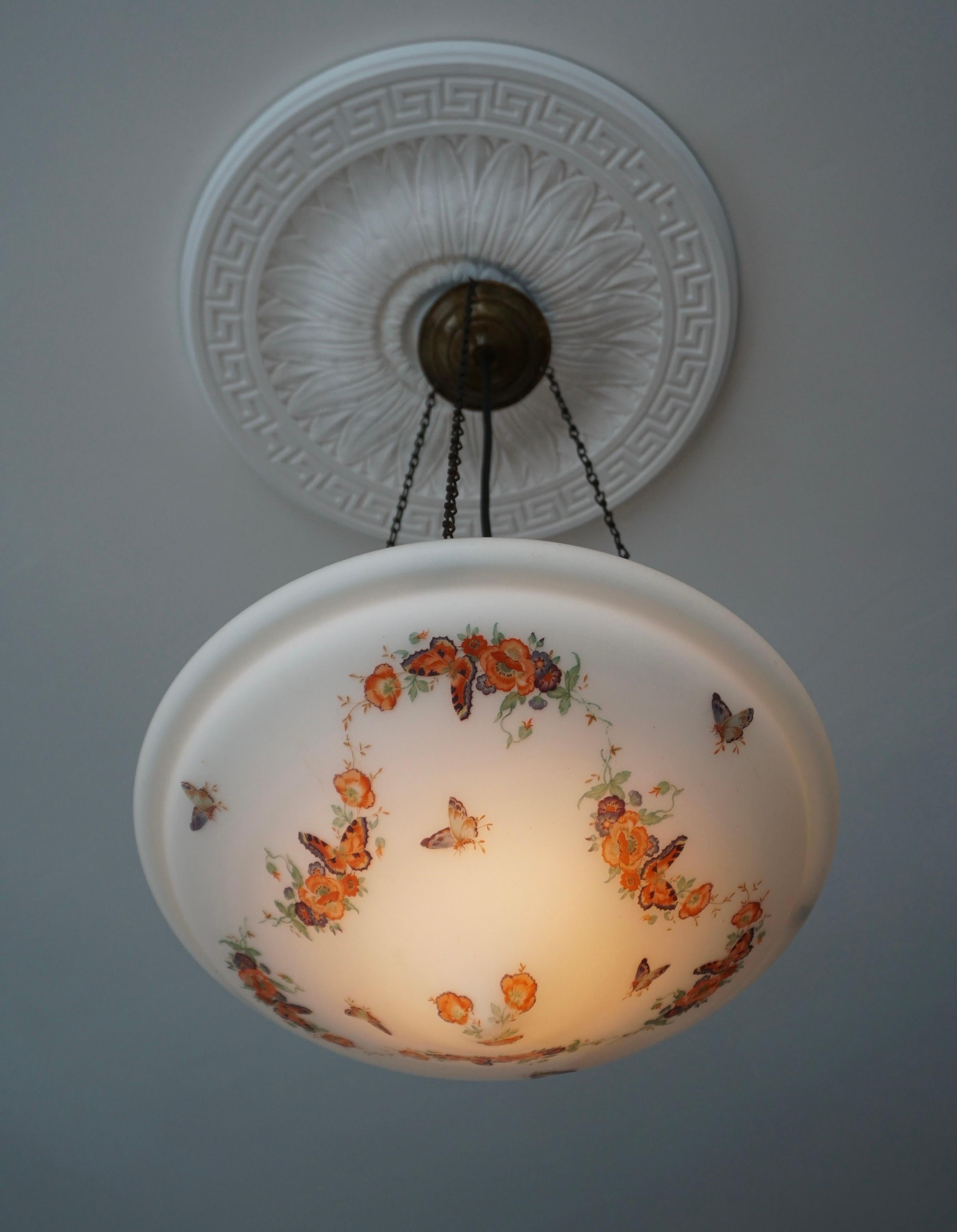 Belgian Art Deco Pendant Light with Floral Motifs and Butterflies