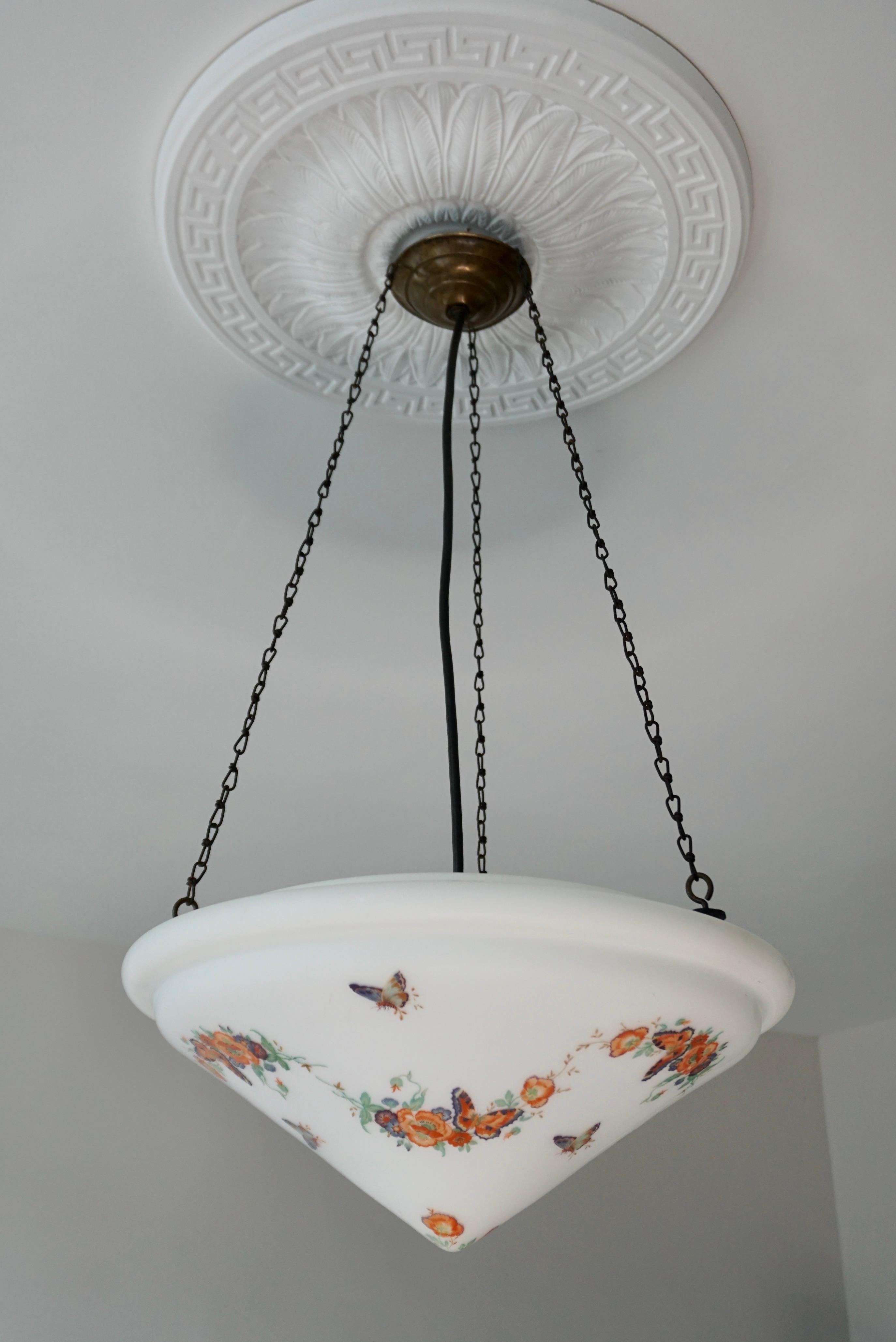 Early 20th Century Art Deco Pendant Light with Floral Motifs and Butterflies
