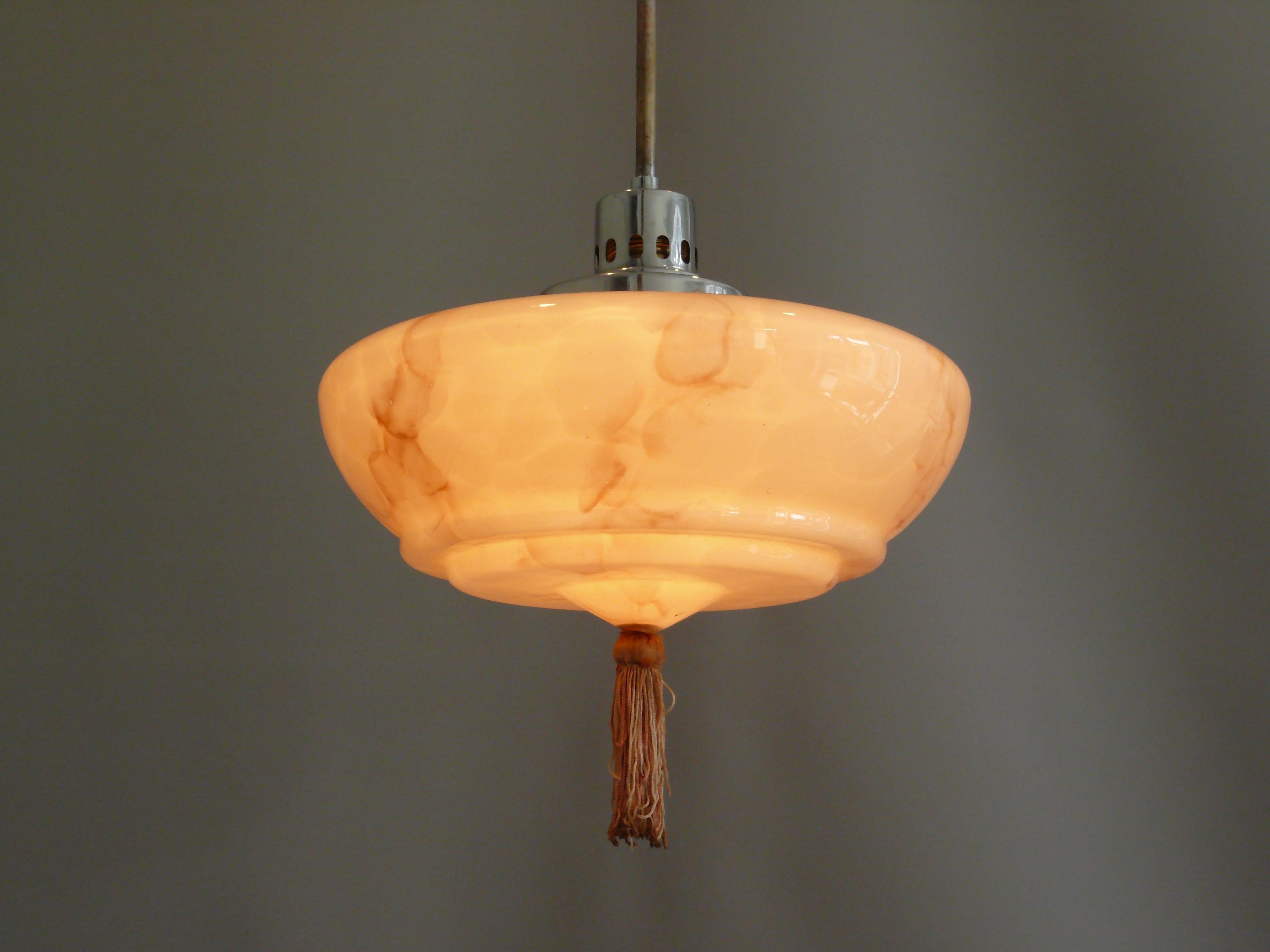 Mid-20th Century Art Déco Pendant Light With Marbled Glass, 1930s For Sale