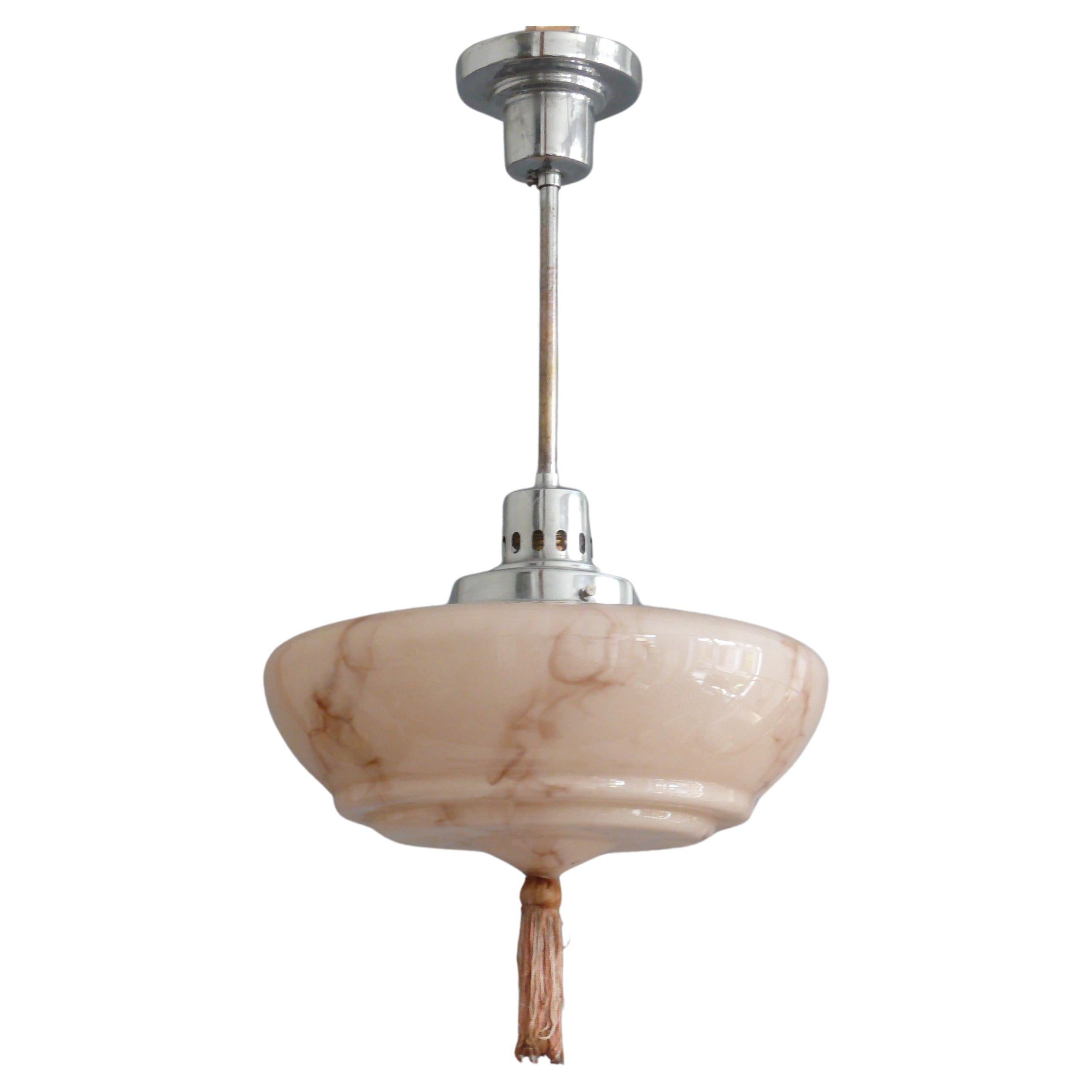 Art Déco Pendant Light With Marbled Glass, 1930s For Sale