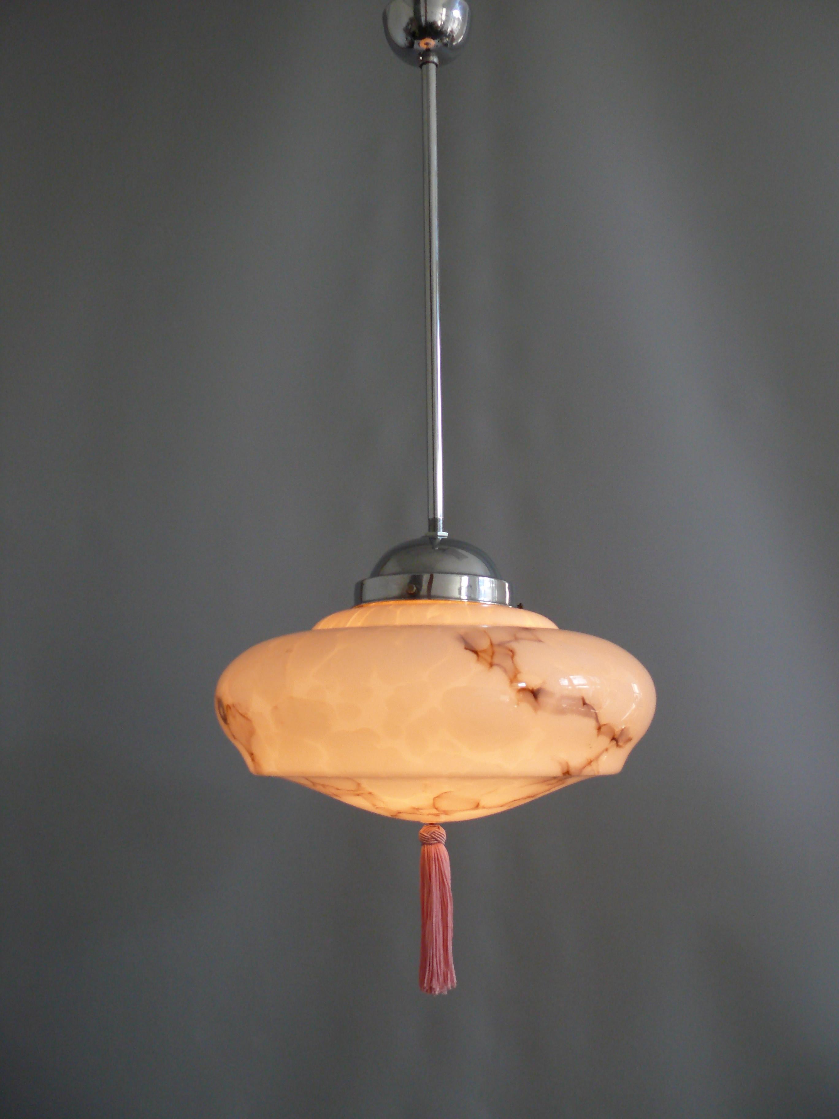 Brass Art Déco Pendant Light with marbled glass, Germany - 1930s
