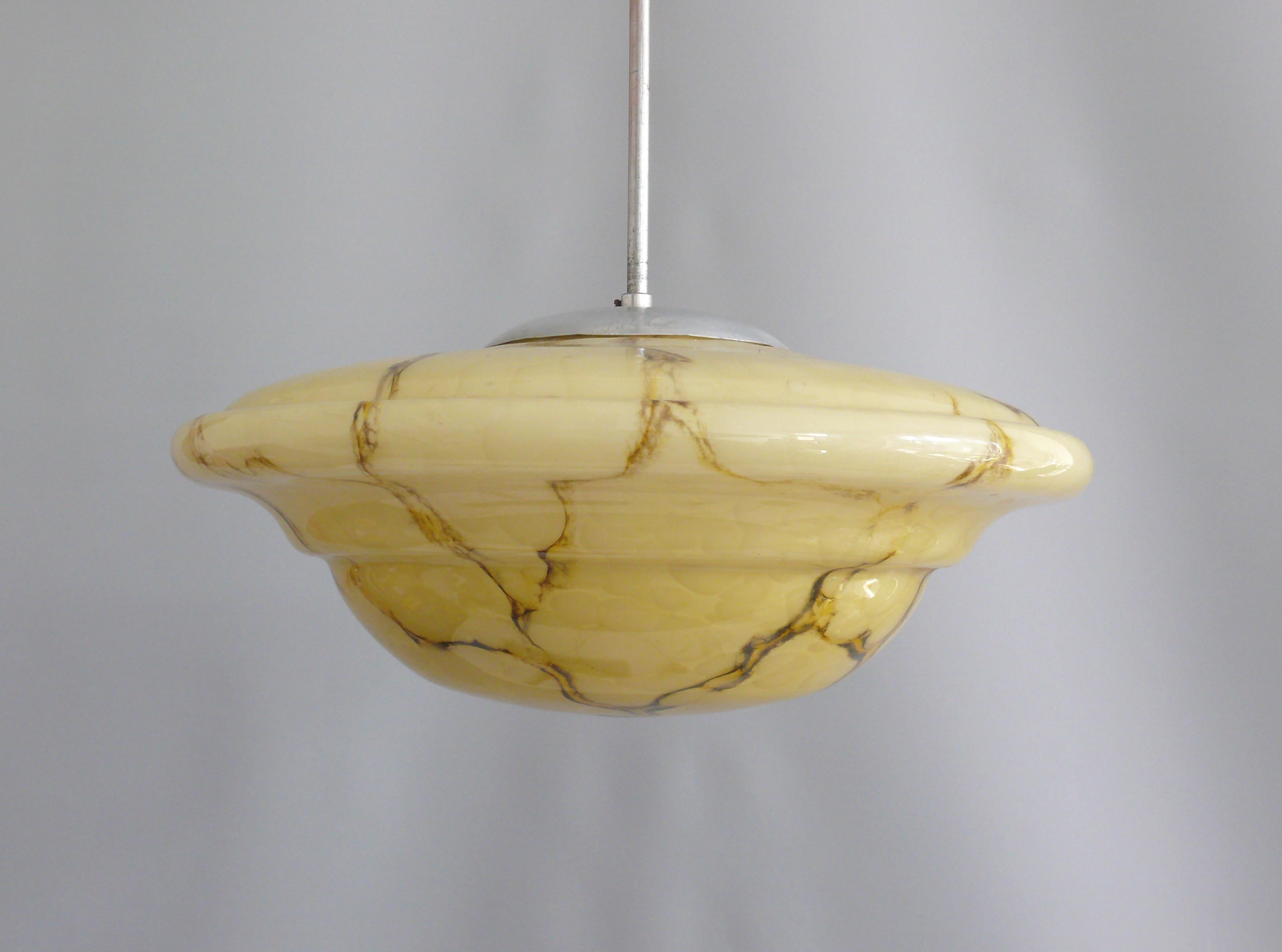 German Art Déco Pendant Light With Marbled Glass, Mid Century For Sale