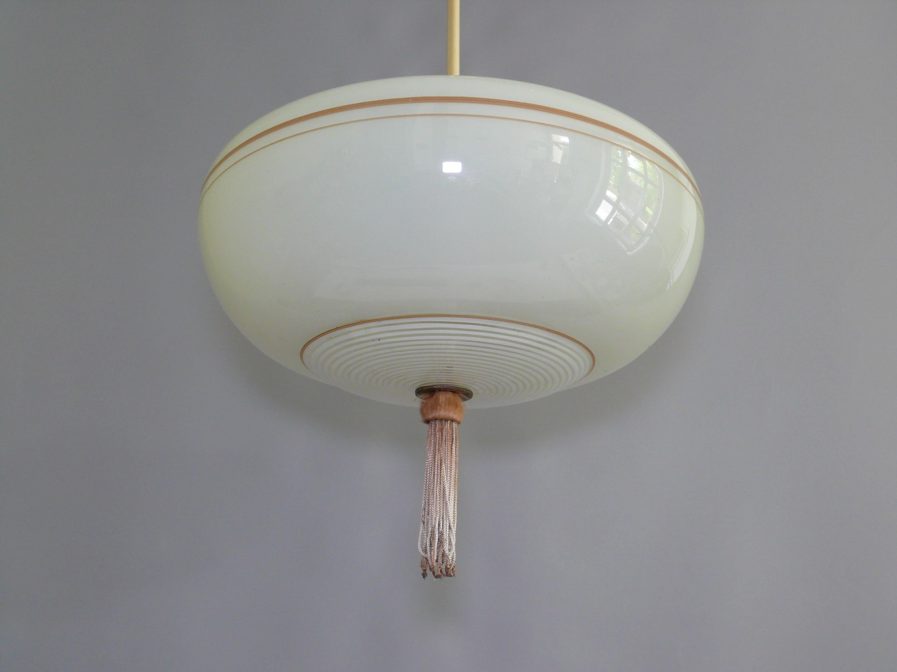 German Art Déco Pendant Light With Marbled Glass, Mid Century For Sale