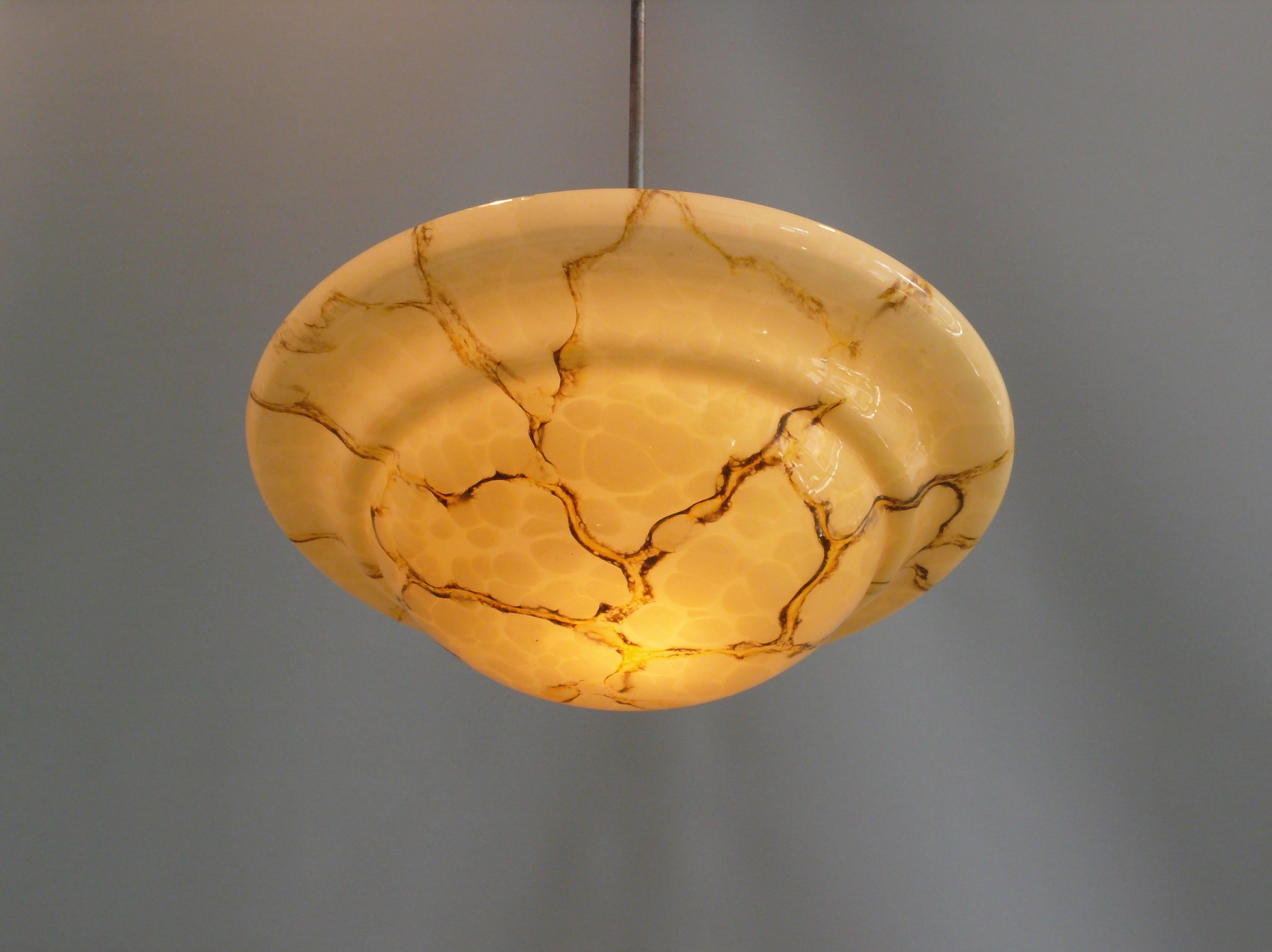 Metal Art Déco Pendant Light With Marbled Glass, Mid Century For Sale
