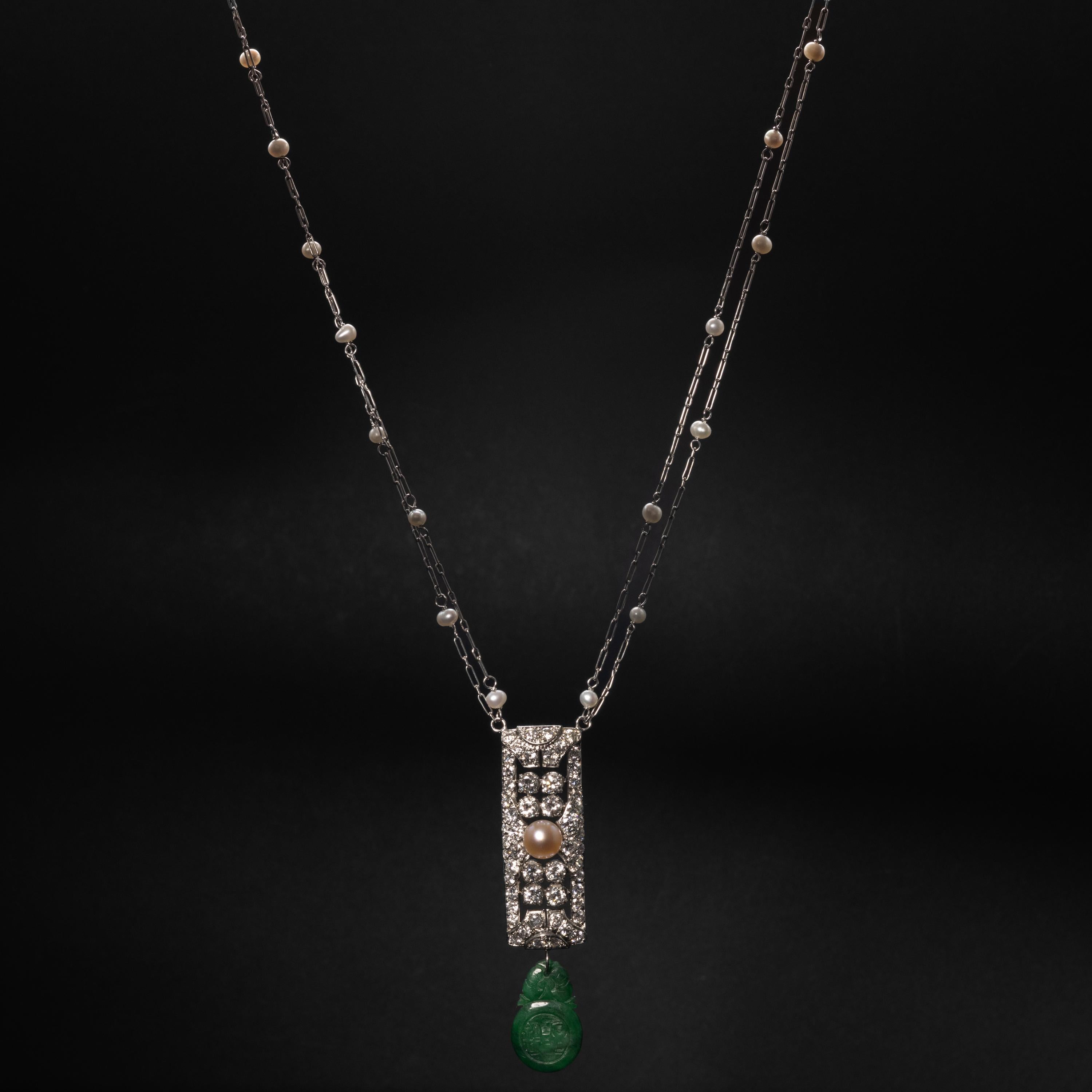 Women's or Men's Art Deco Diamond, Natural Pearl & Jade Necklace GIA Certified