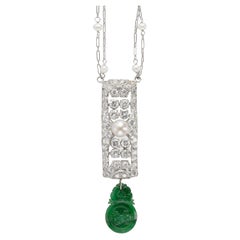 Diamond Necklace with Natural Pearl and Burmese Jadeite GIA Certified Untreated