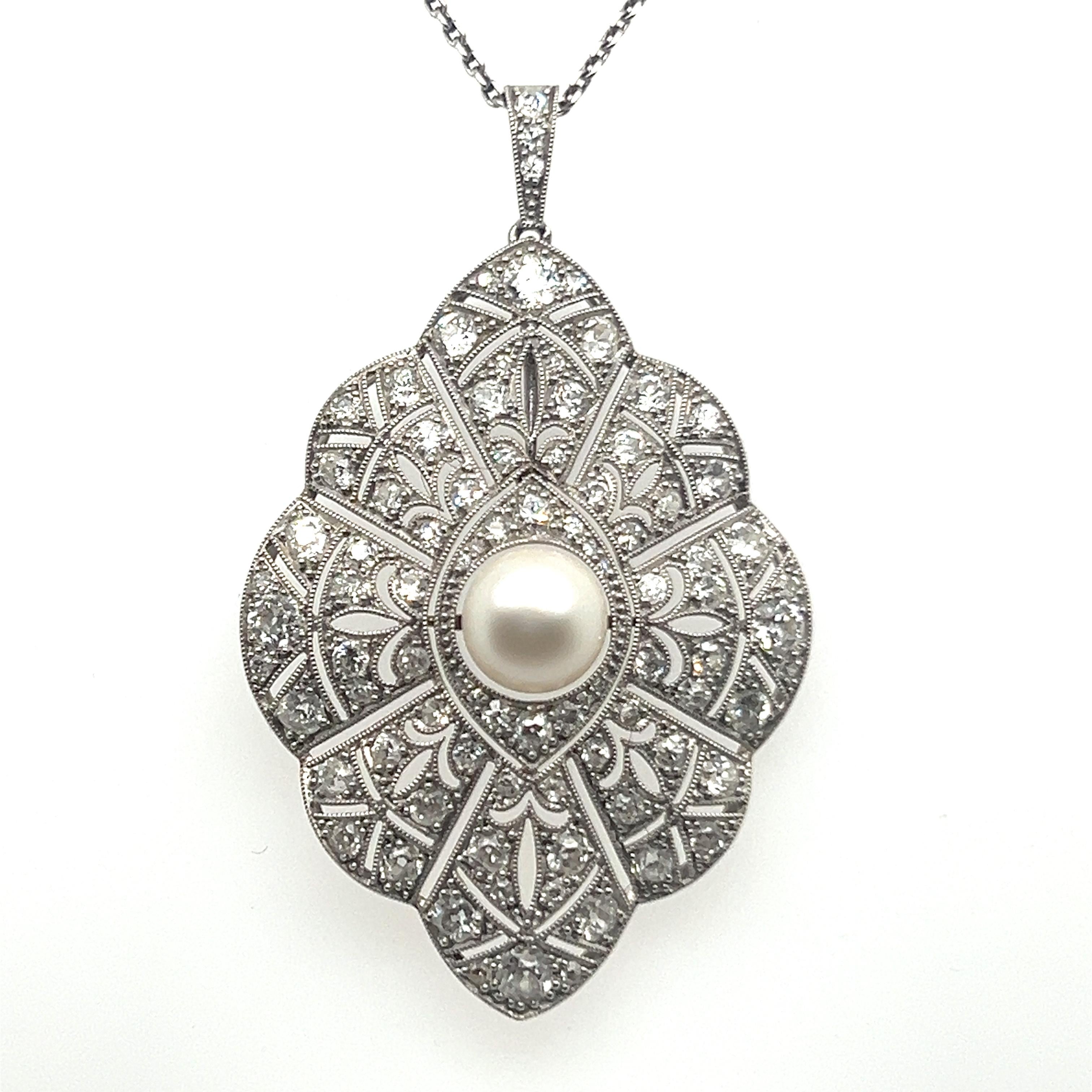 Art Deco Pendant Necklace with Diamonds & Pearl in Platinum 950 For Sale 5