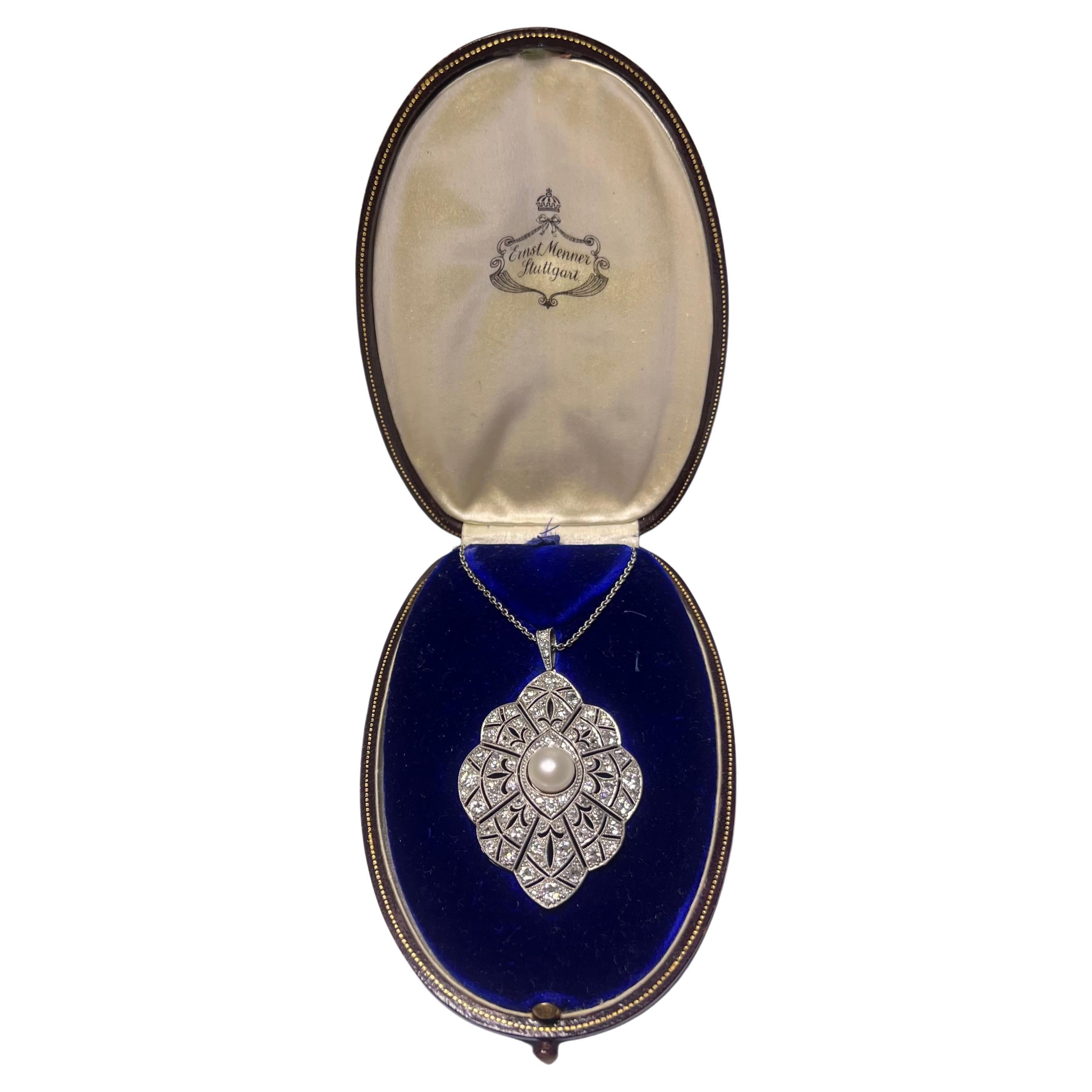 Men's Art Deco Pendant Necklace with Diamonds & Pearl in Platinum 950 For Sale