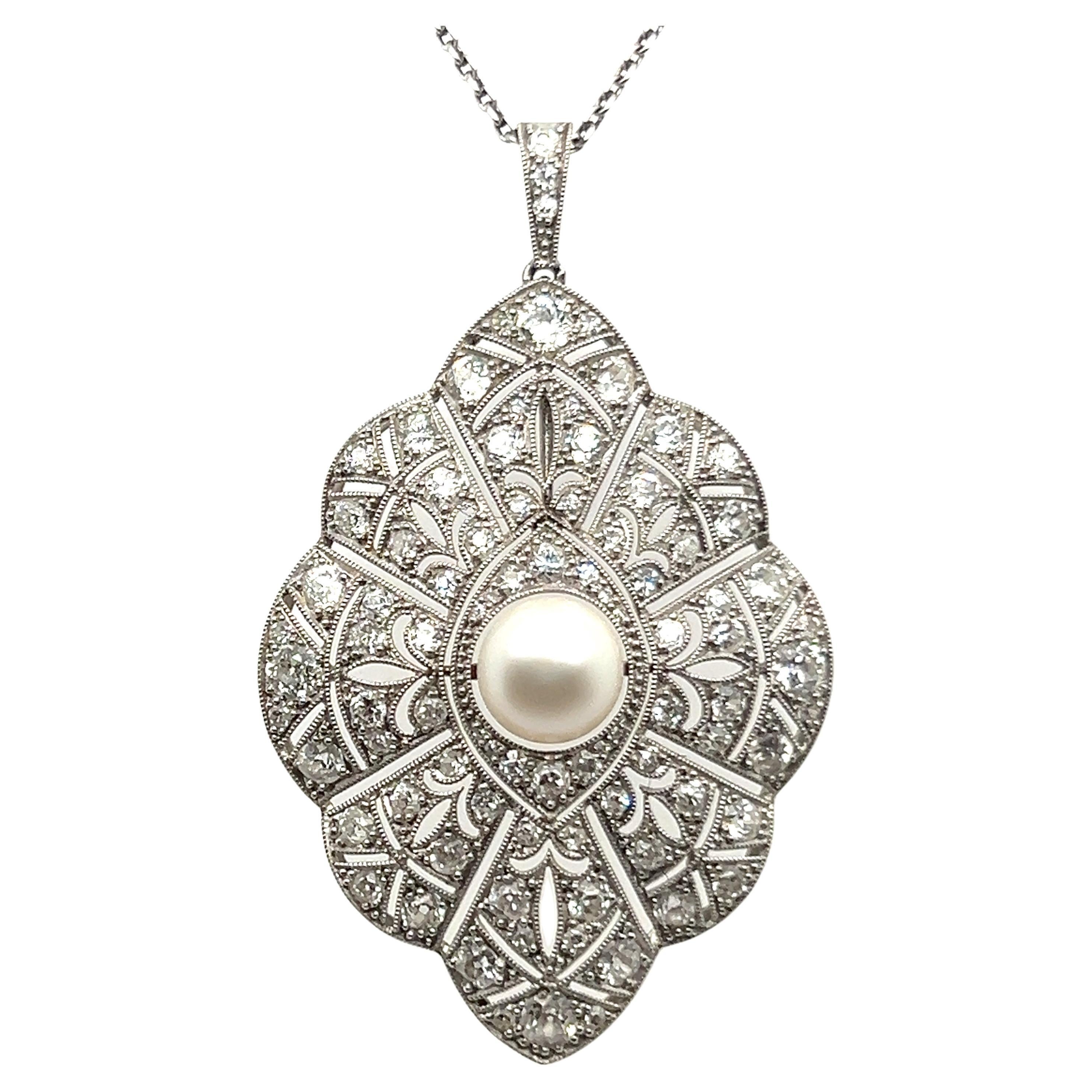 Art Deco Pendant Necklace with Diamonds & Pearl in Platinum 950