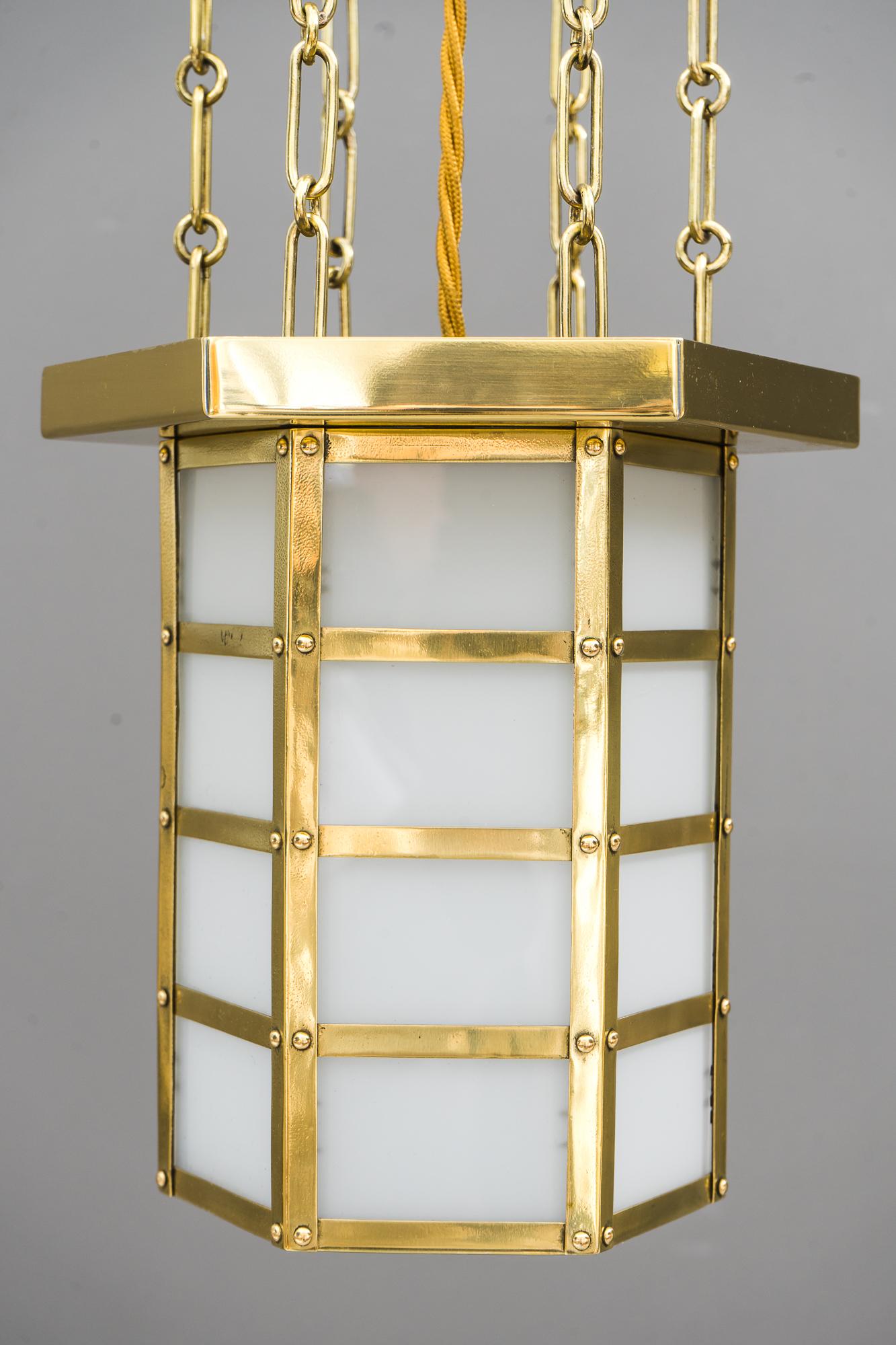 Art Deco pendant, Vienna, circa 1920s
Brass polished and stove enameled
Original opal glasses.
