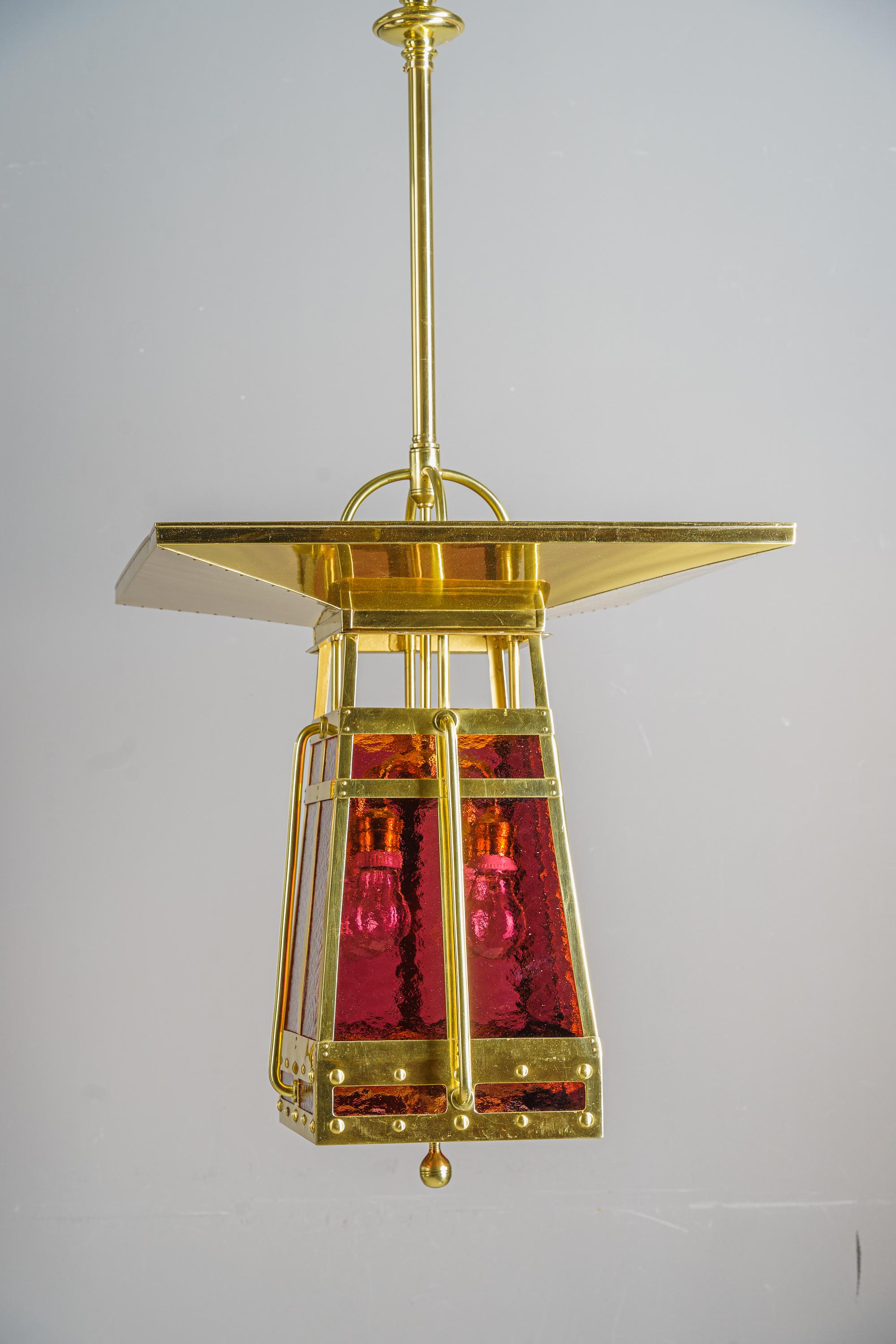 Art Deco pendant vienna around 1920s
Brass polished and stove enameled
Original antique glass shades