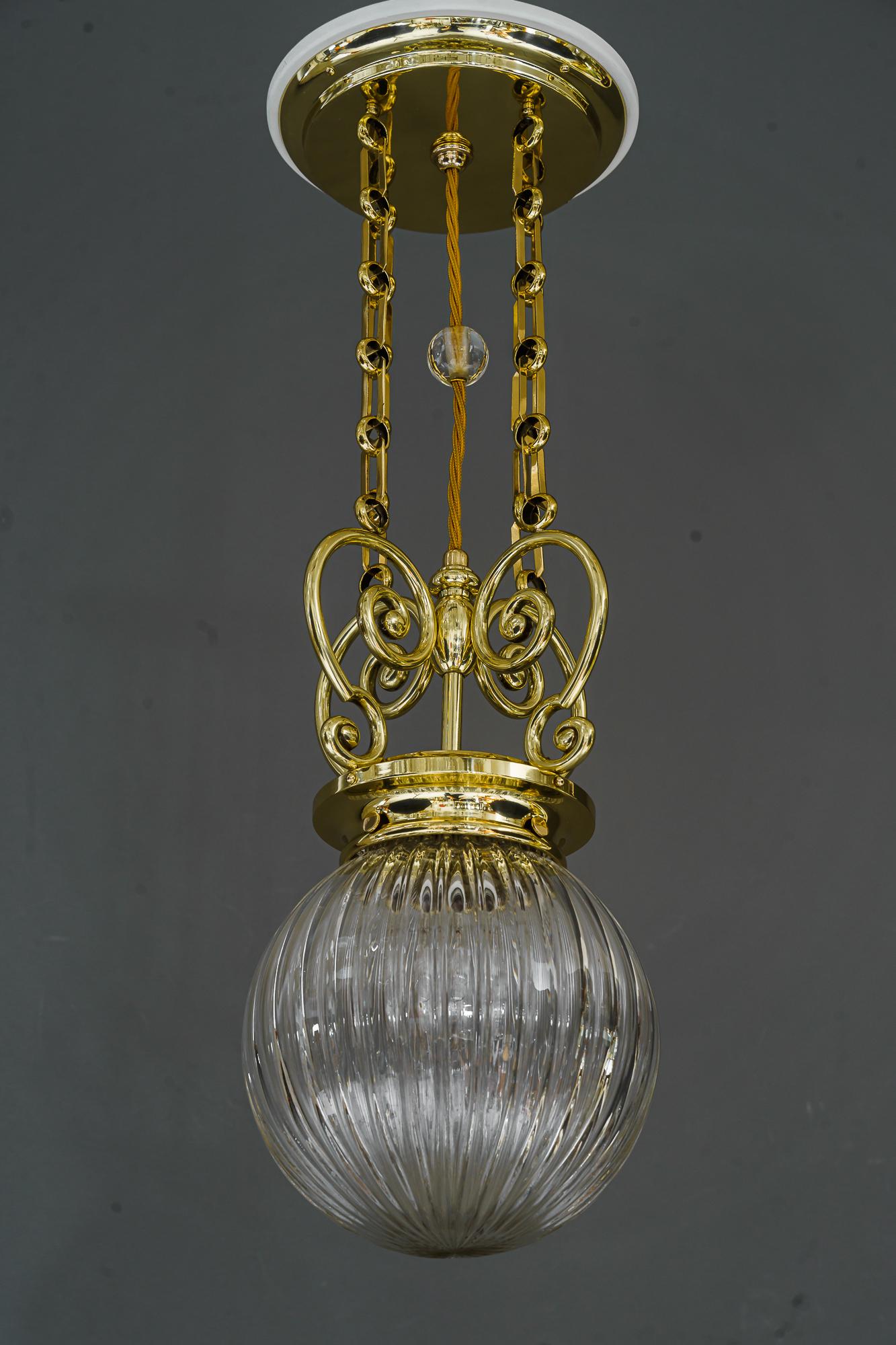 Brass Art Deco Pendant Vienna Around 1920s with Original Cut Glass Shade For Sale
