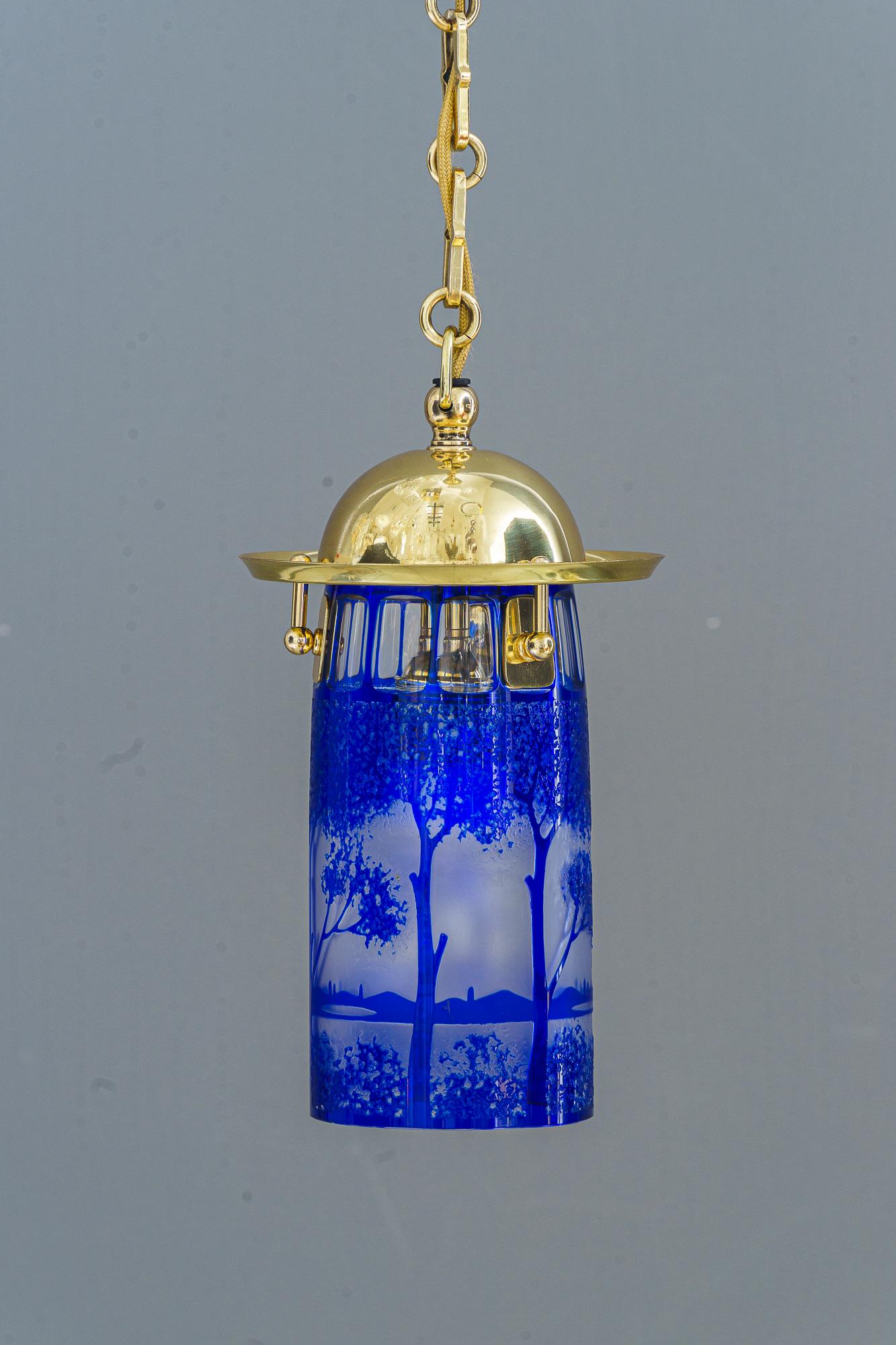 Art Deco pendant vienna with original antique cut glass shade around 1920s In Good Condition In Wien, AT