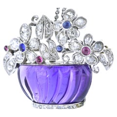 Art Deco Flower basket with Amethyst, Diamond, Sapphire and Ruby, circa 1925