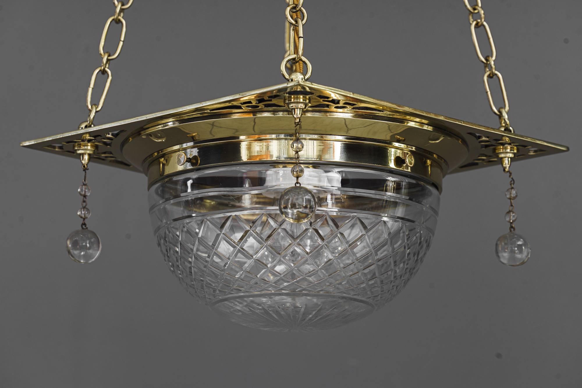 Brass Art Deco Pendant with Cut Glass Shade Around 1920s For Sale