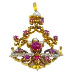 Art Deco Pendant with diamonds Italian ruby and pearls in 14k Yellowgold