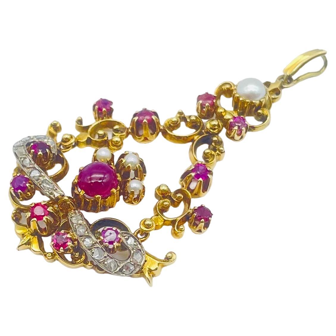 Brilliant Cut Art Deco Pendant with diamonds Italian ruby and pearls in 14k Yellowgold   For Sale