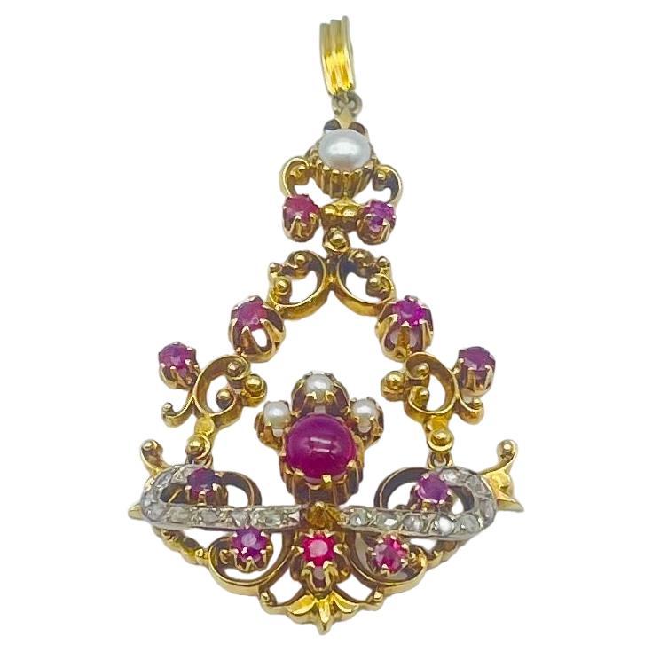Women's or Men's Art Deco Pendant with diamonds Italian ruby and pearls in 14k Yellowgold   For Sale