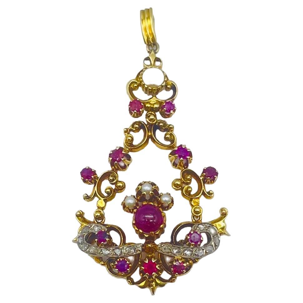 Art Deco Pendant with diamonds Italian ruby and pearls in 14k Yellowgold   For Sale 1