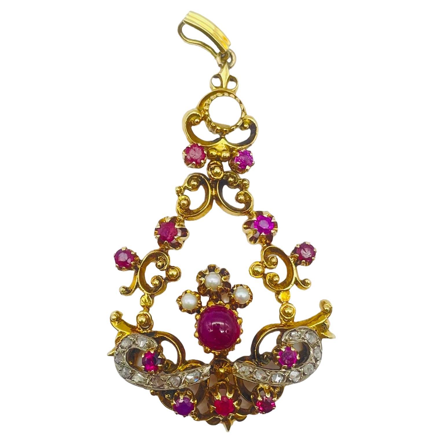 Art Deco Pendant with diamonds Italian ruby and pearls in 14k Yellowgold   For Sale 2