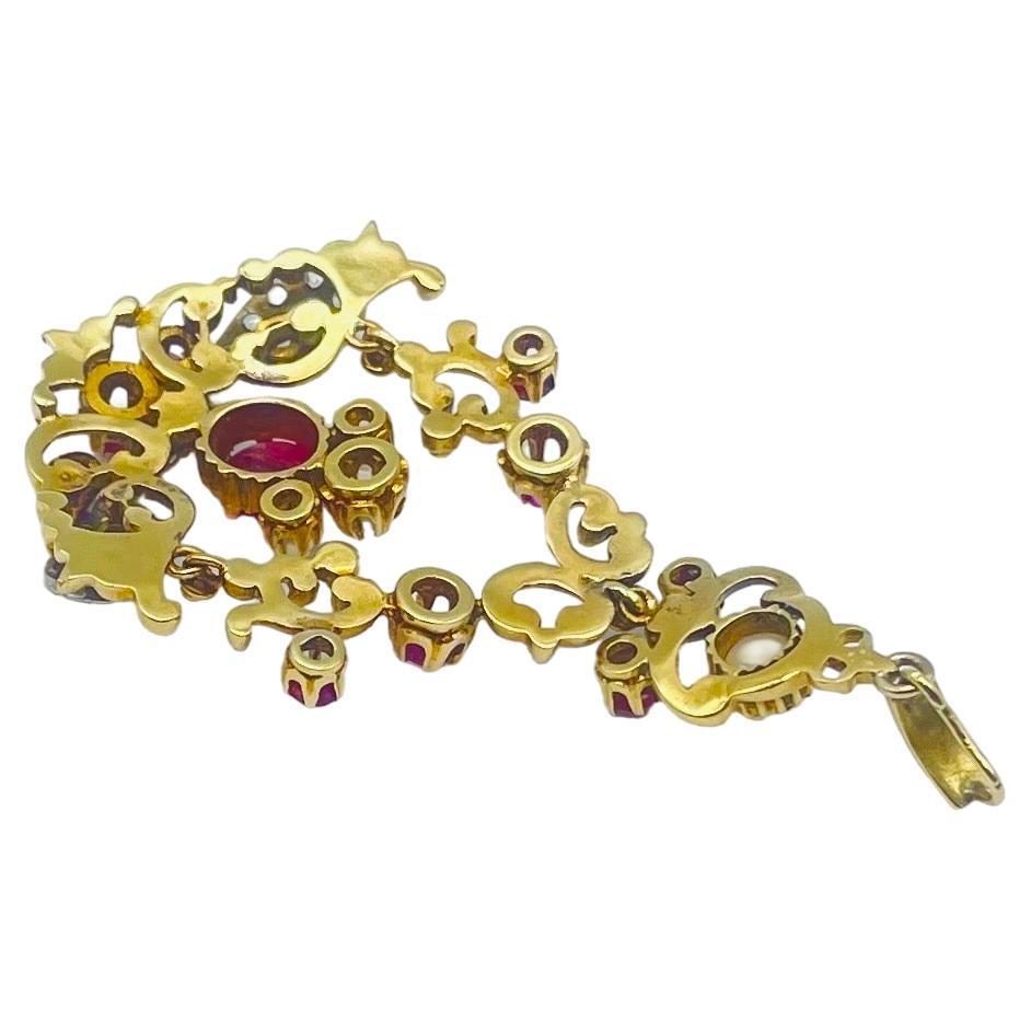 Art Deco Pendant with diamonds Italian ruby and pearls in 14k Yellowgold   For Sale 3