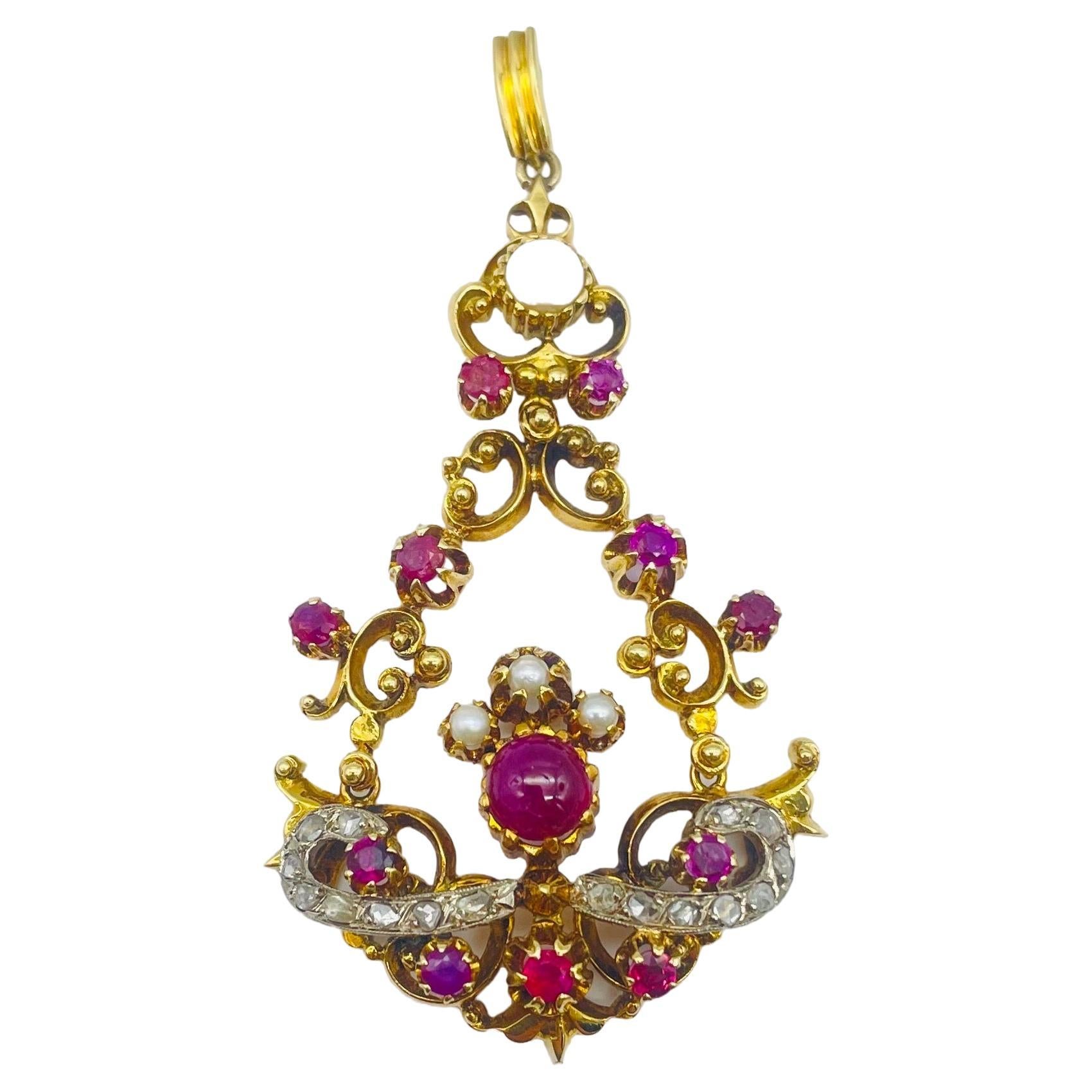 Art Deco Pendant with diamonds Italian ruby and pearls in 14k Yellowgold   For Sale 4