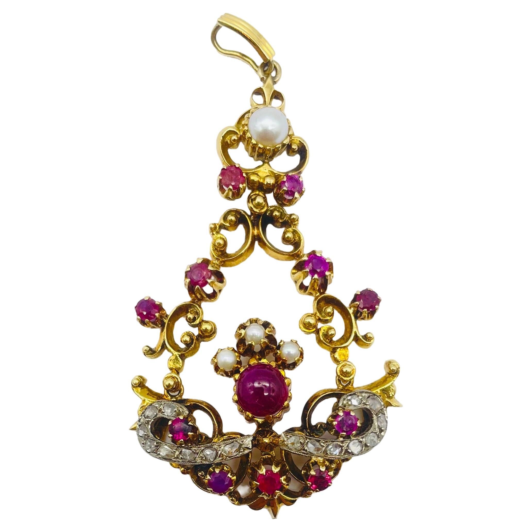Art Deco Pendant with diamonds Italian ruby and pearls in 14k Yellowgold   For Sale